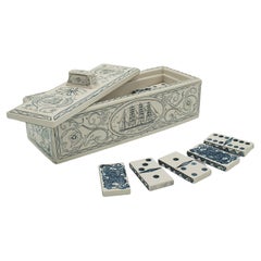 Retro Dominoes Set, English, Ceramic, Gaming Case, Nautical Taste, Art Deco