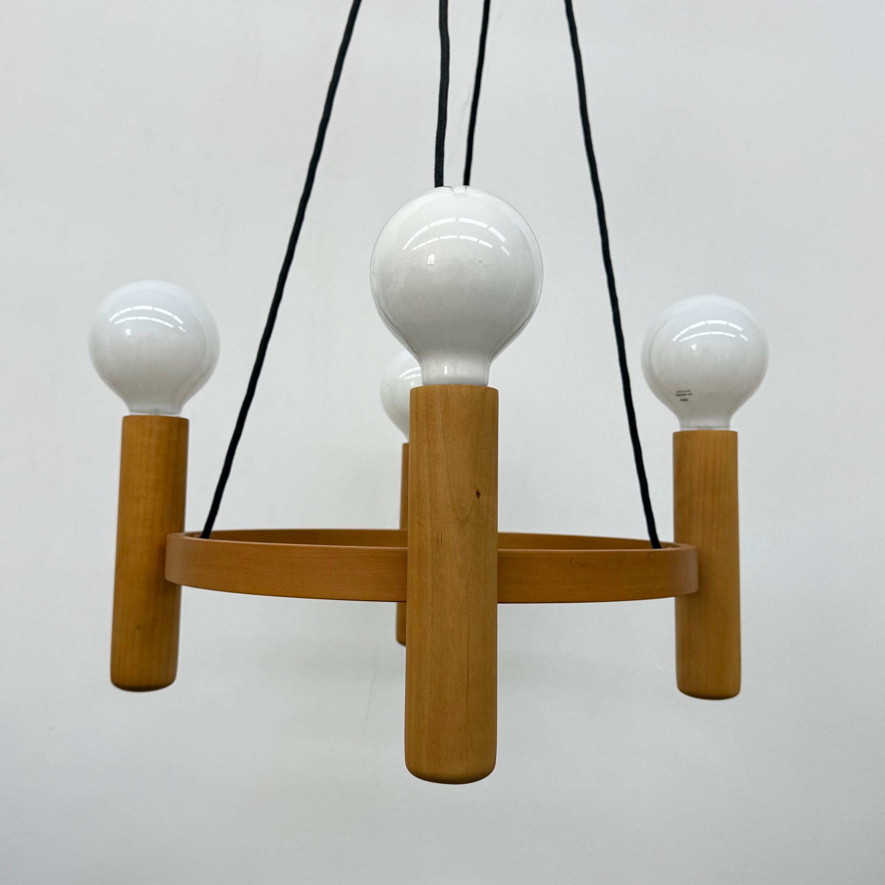 Wood Vintage Domus Danish design hanging lamp chandelier , 1970s For Sale