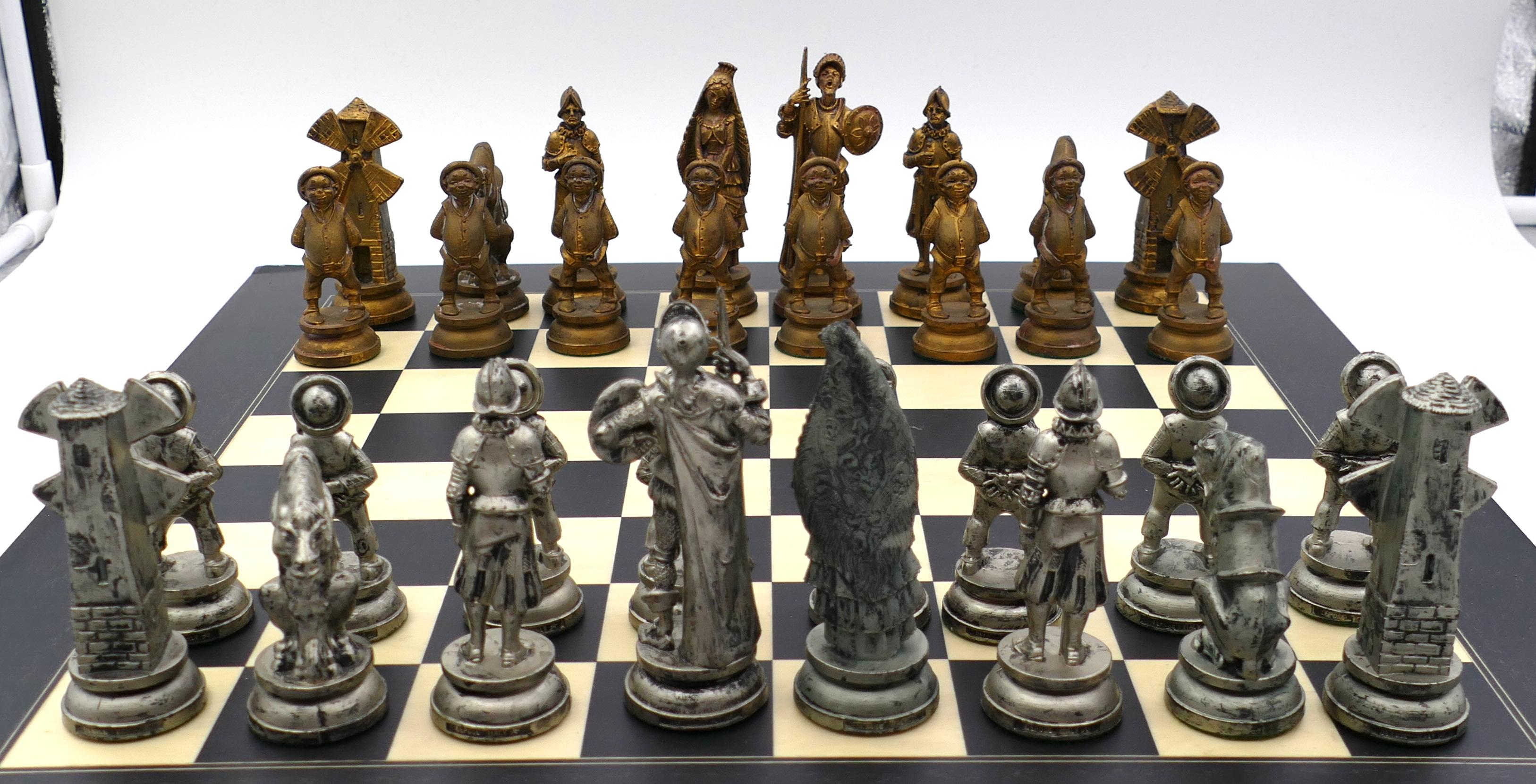This Don Quixote chess is a chess set inspired by the famous novel The Ingenious Gentleman Don Quixote of La Mancha written by Miguel de Cervantes.

The set consists of plastic and metal colored characters, and a fine wooden chessboard.
Every