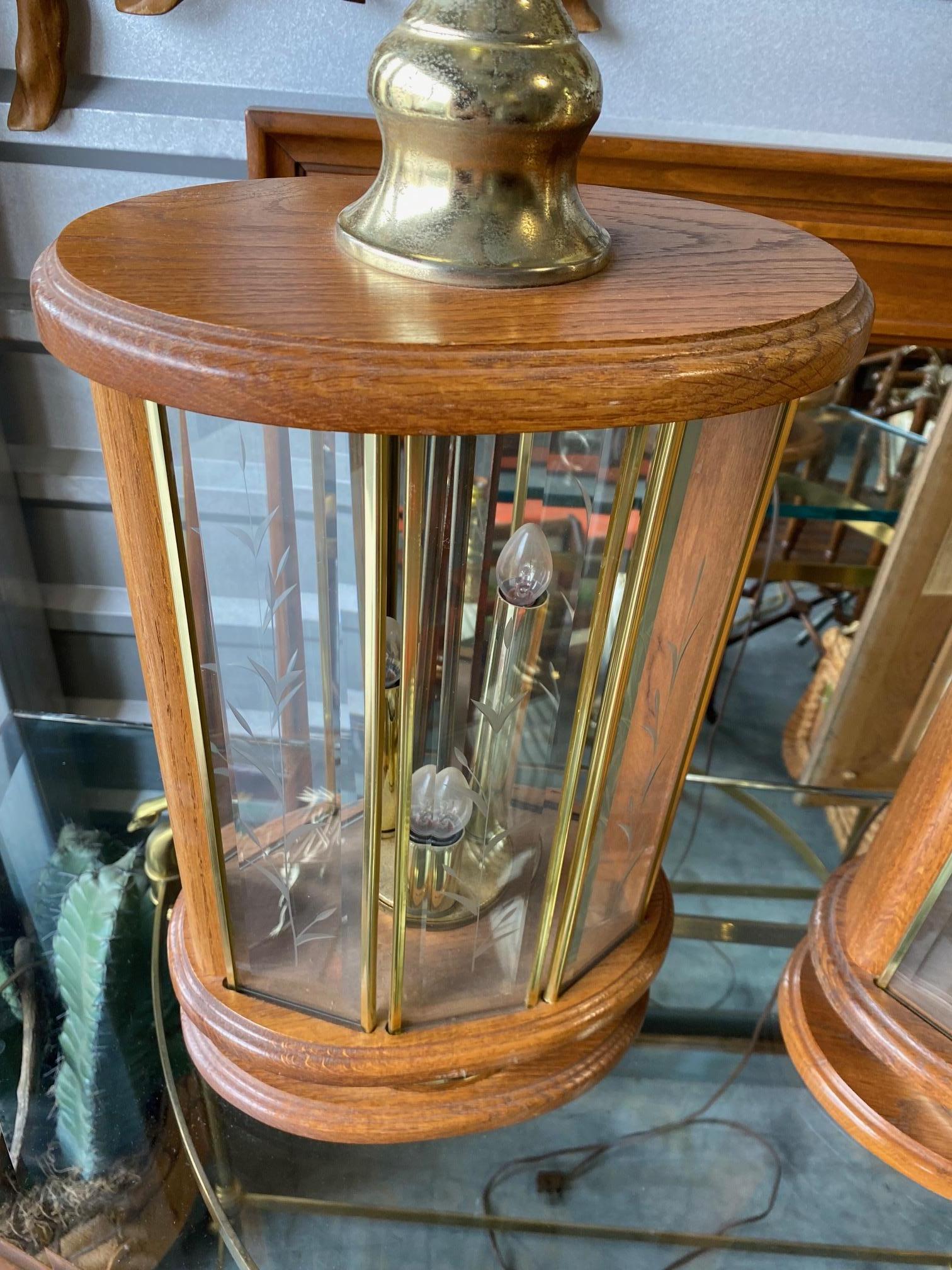 Vintage Don Ward Etched Glass Panel Wood and Brass Pair of Table Lamps For Sale 4