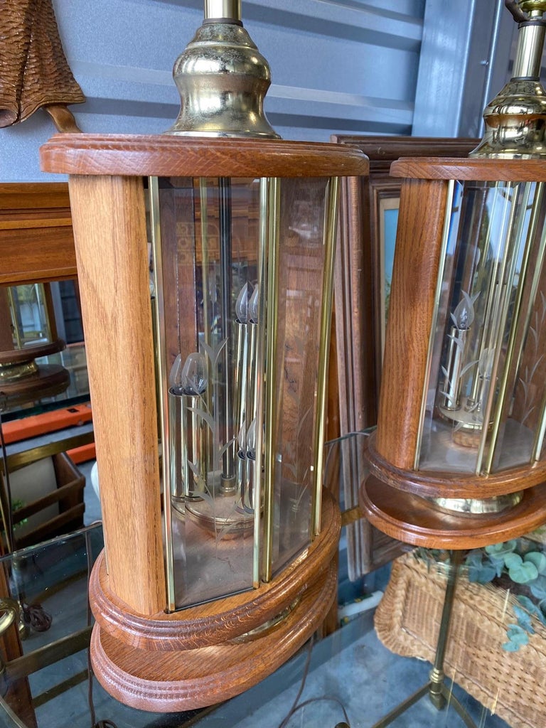 Vintage Don Ward Etched Glass Panel Wood and Brass Pair of Table Lamps