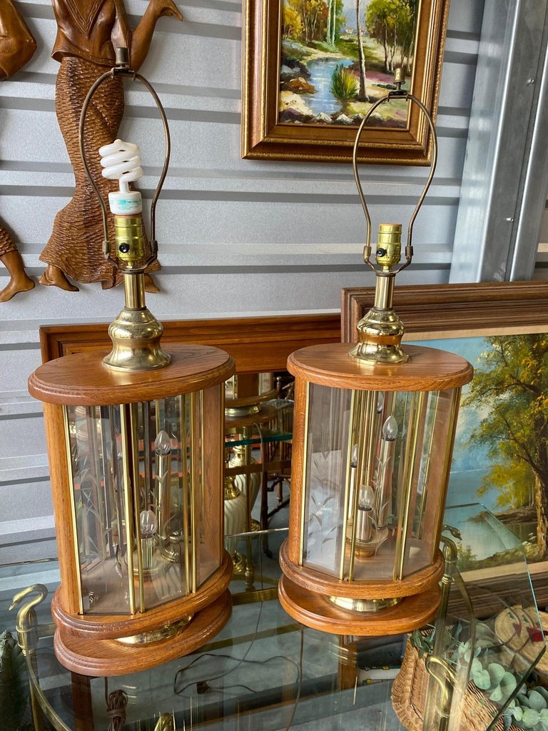 Vintage Don Ward Etched Glass Panel Wood and Brass Pair of Table Lamps