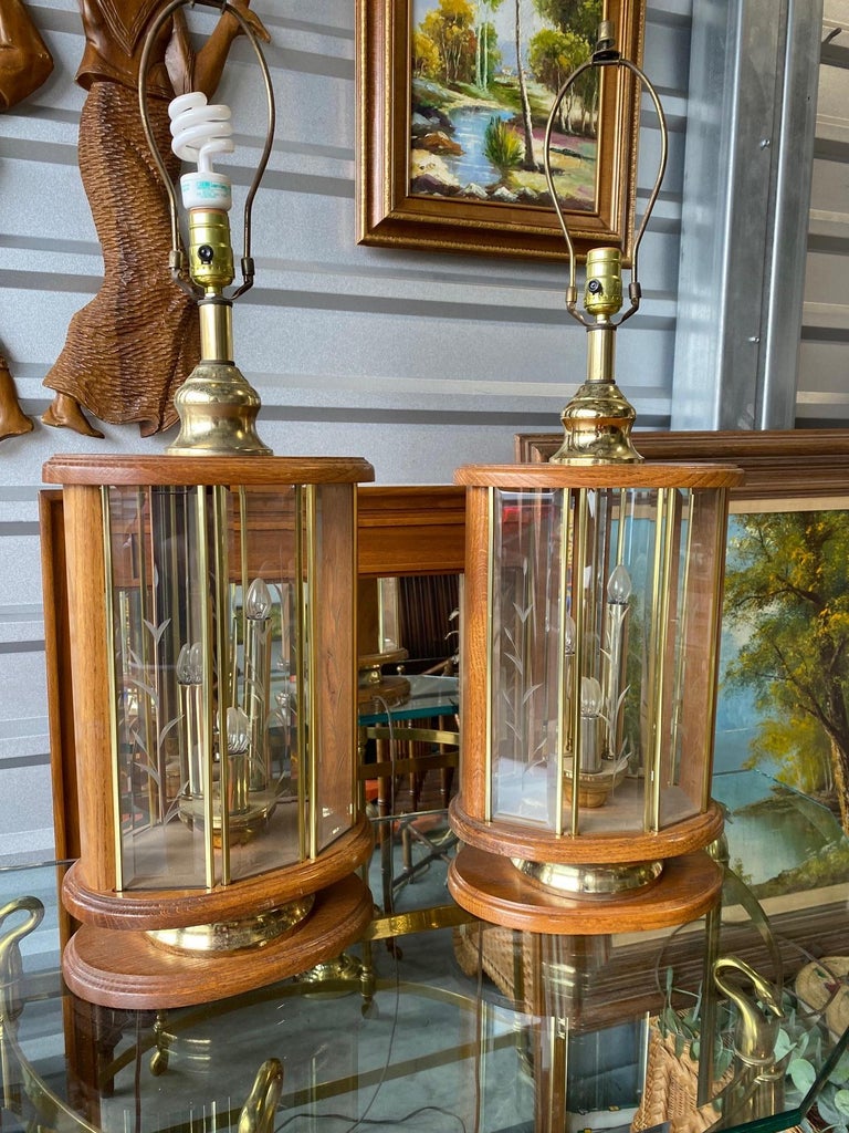 Vintage Don Ward Etched Glass Panel Wood and Brass Pair of Table Lamps