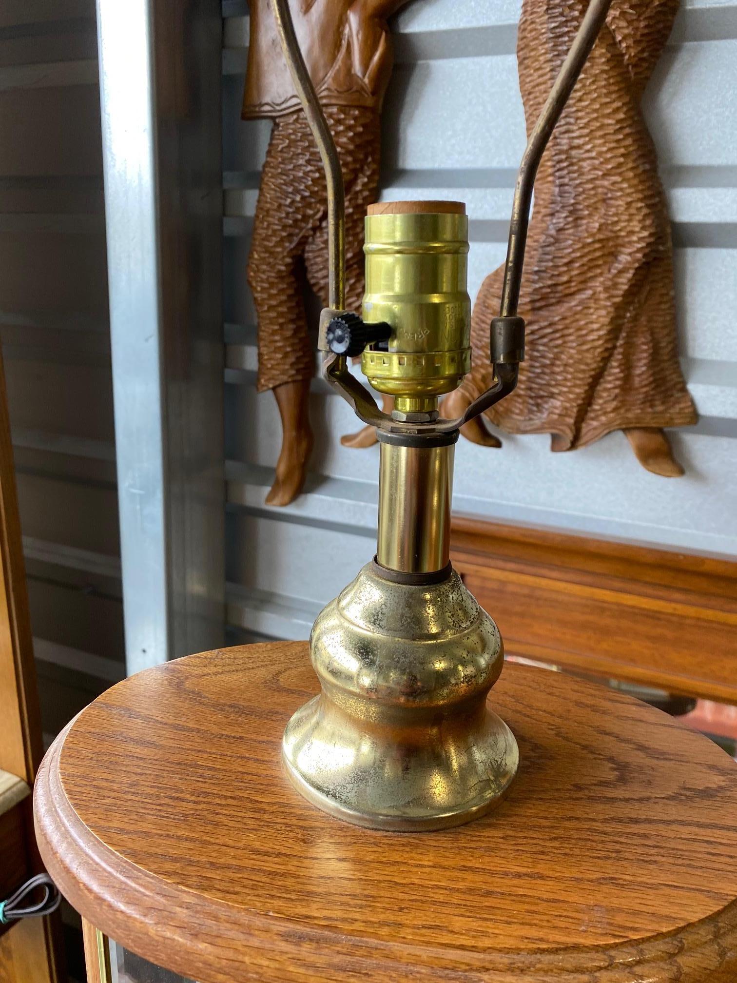 Vintage Don Ward Etched Glass Panel Wood and Brass Pair of Table Lamps In Good Condition For Sale In Spring Valley, CA