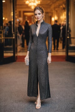 Vintage Donald Brooks 1970s Black Silver Metallic Maxi Dress, XS Fit