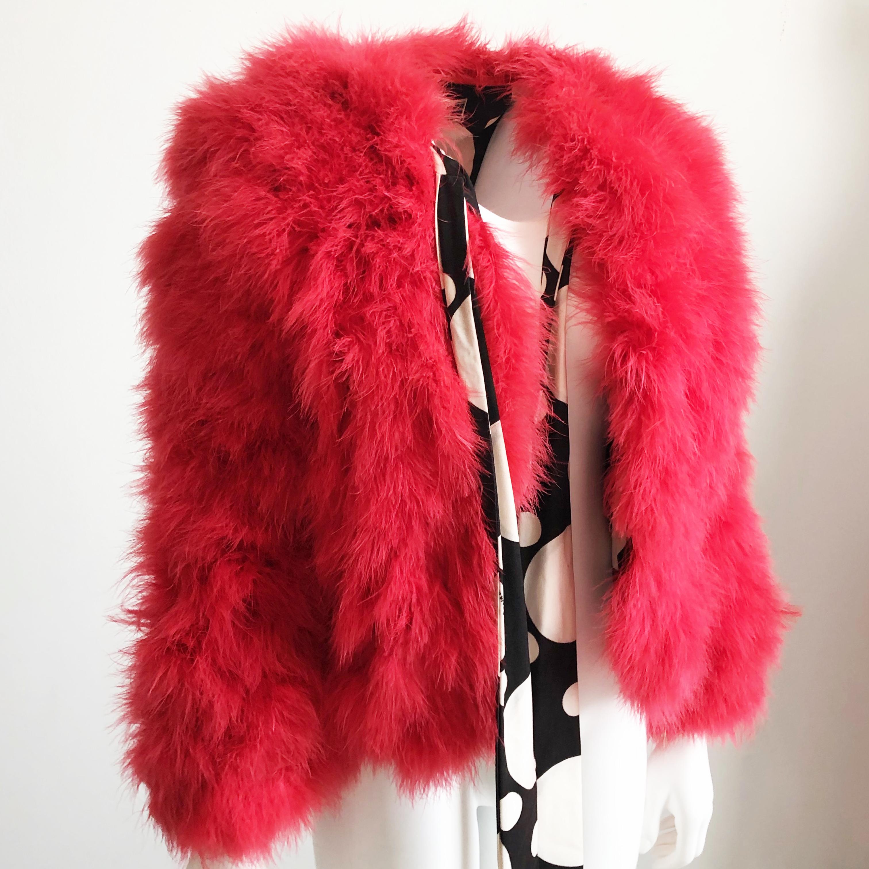 Red Vintage Donald Brooks Marabou Feather Jacket Short Duster Size M 70s