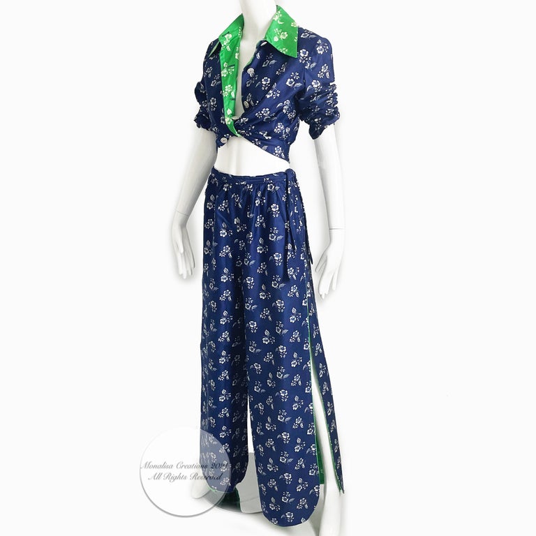Vintage 70s Donald Brooks Floral Print Palazzo or Wide Leg Pantsuit, 2pc set.  Perfect for your summer soirees! No content label; feels like cotton (sateen)/dry clean only. Button down jacket with blue floral print and contrast green floral
