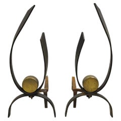 Vintage Donald Deskey Mid Century Modern Iron and Brass Ribbon Andiron - a Pair