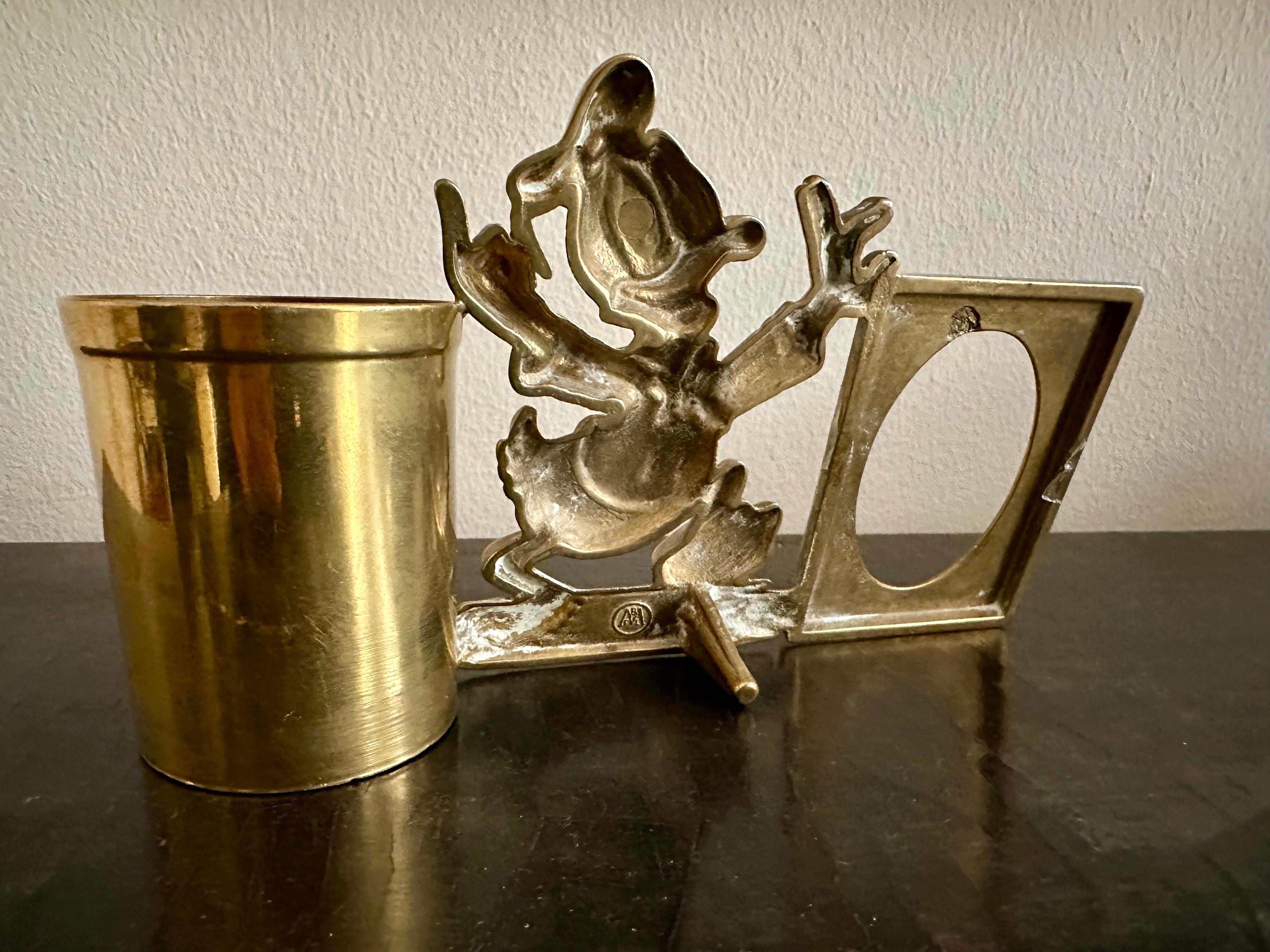 European Vintage Donald Duck Brass Pen Holder with Picture Frame – 1970s Collectible For Sale