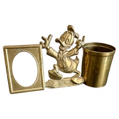 Vintage Donald Duck Brass Pen Holder with Picture Frame – 1970s Collectible