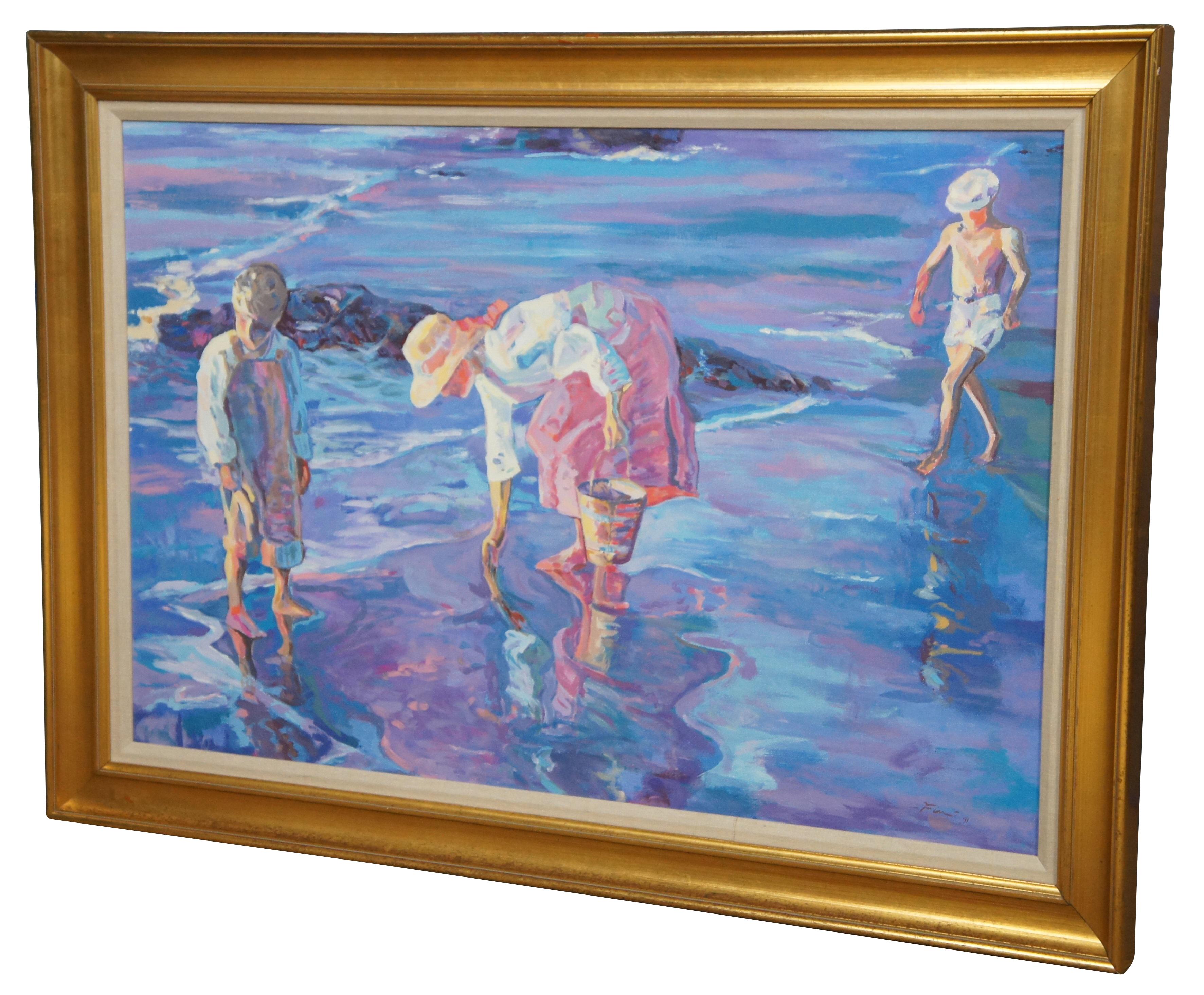 Vintage reproduction oil painting on canvas featuring a beach landscape scene showing three figures collecting shells. Signed lower left, circa 1991.  After Donald Eric Hatfields 