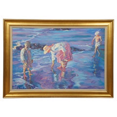 Peinture à l'huile sur toile vintage d'un paysage de plage de sable chatoyant, 42 po.