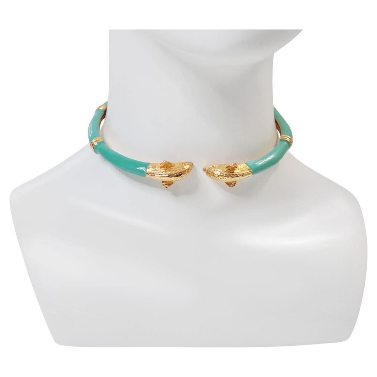 Vintage Donald Stannard Dolphins Head Choker in Turquoise and Gold Circa 1980