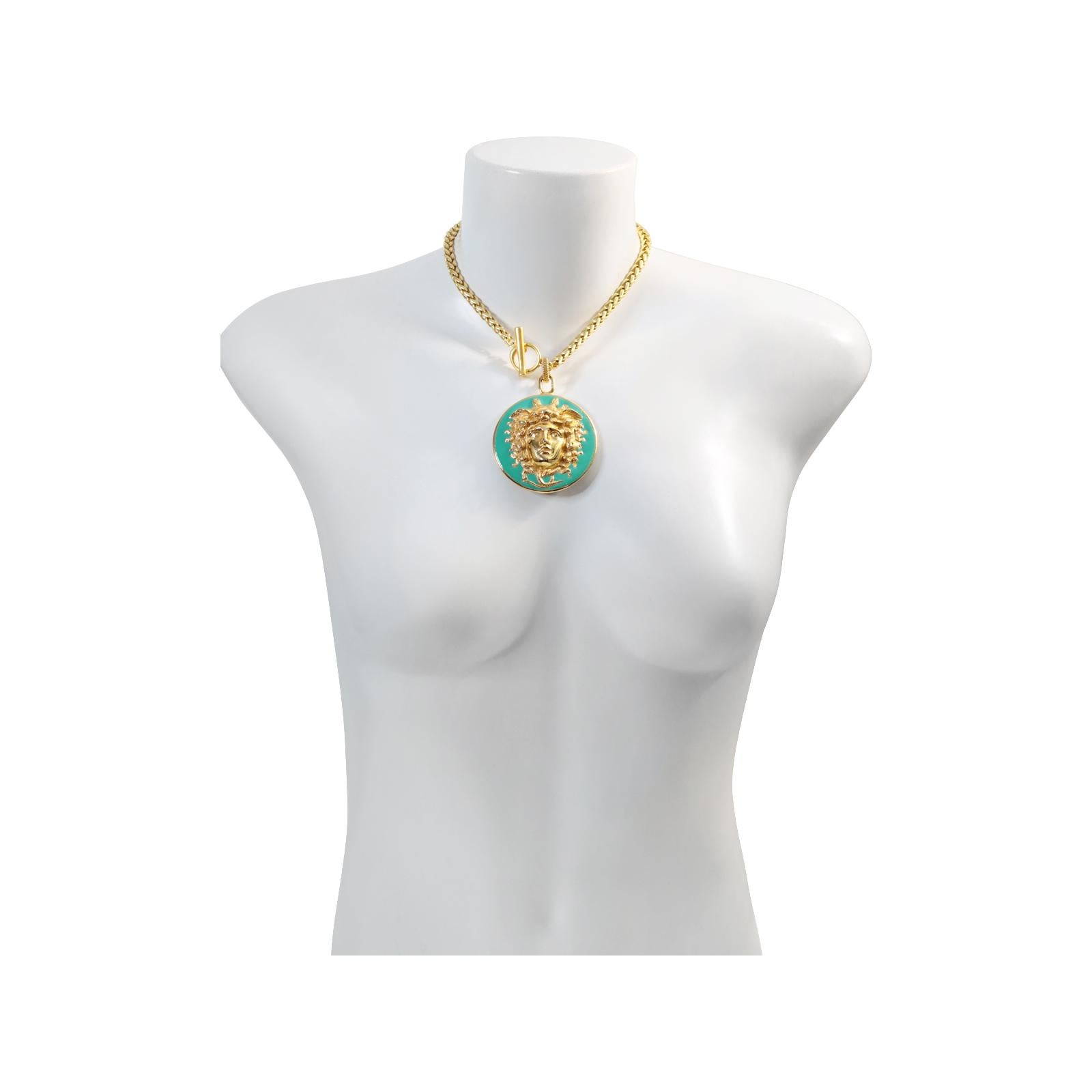 Vintage Donald Stannard Gold Tone Enamel Turquoise Medusa Circa 1980s In Good Condition For Sale In New York, NY