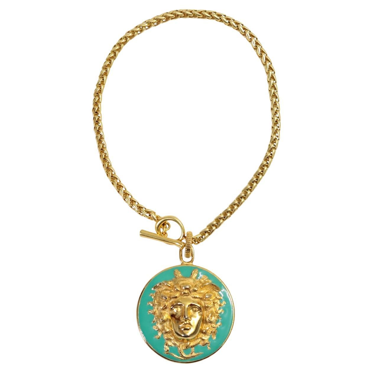 Vintage Donald Stannard Gold Tone Enamel Turquoise Medusa Circa 1980s For Sale