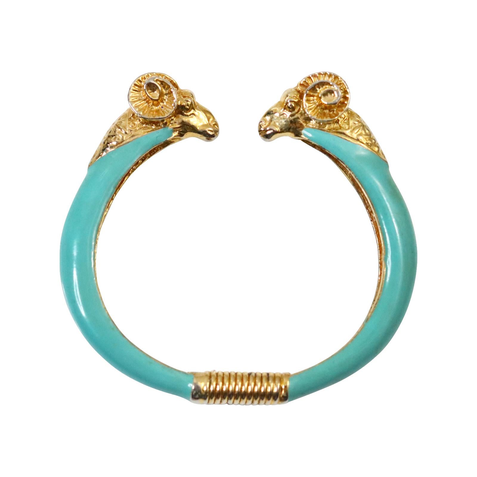 Vintage Donald Stannard Rams Head Bracelet in Turquoise and Gold Circa 1980s. Classic Rams head bracelet in a color that I have never seen.  This is a classic style that has been around since the beginning of time.  There are examples in the