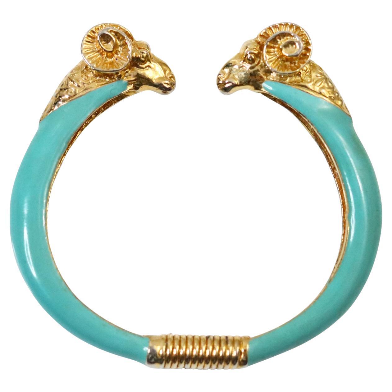 Vintage Donald Stannard Rams Head Bracelet in Turquoise and Gold Circa 1980s For Sale