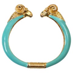 Retro Donald Stannard Rams Head Bracelet in Turquoise and Gold Circa 1980s