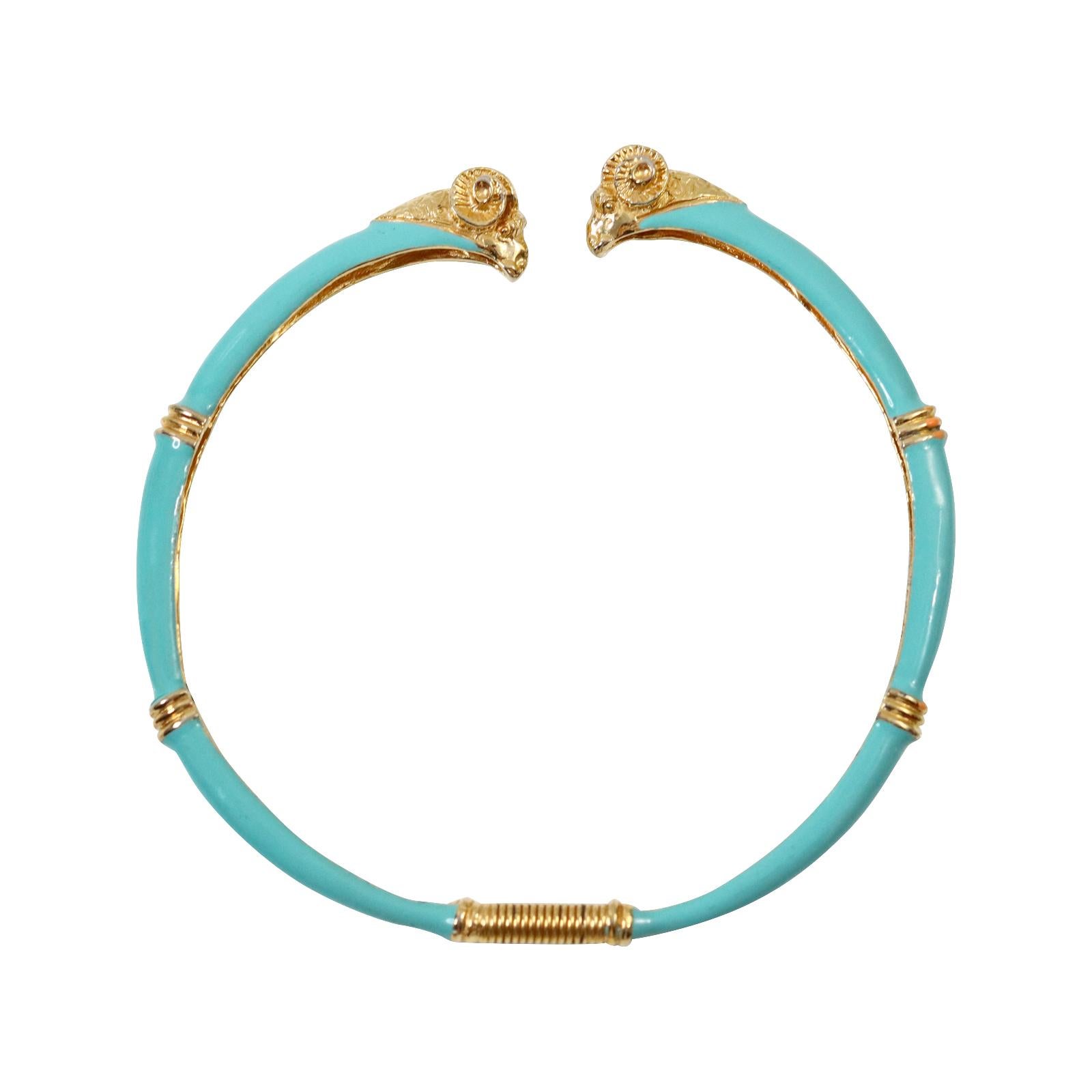 Vintage Donald Stannard Rams Head Choker in Turquoise and Gold Circa 1980s. Classic Rams head necklace in a color that I have never seen.  This is a classic style that has been around since the beginning of time.  There are examples in the