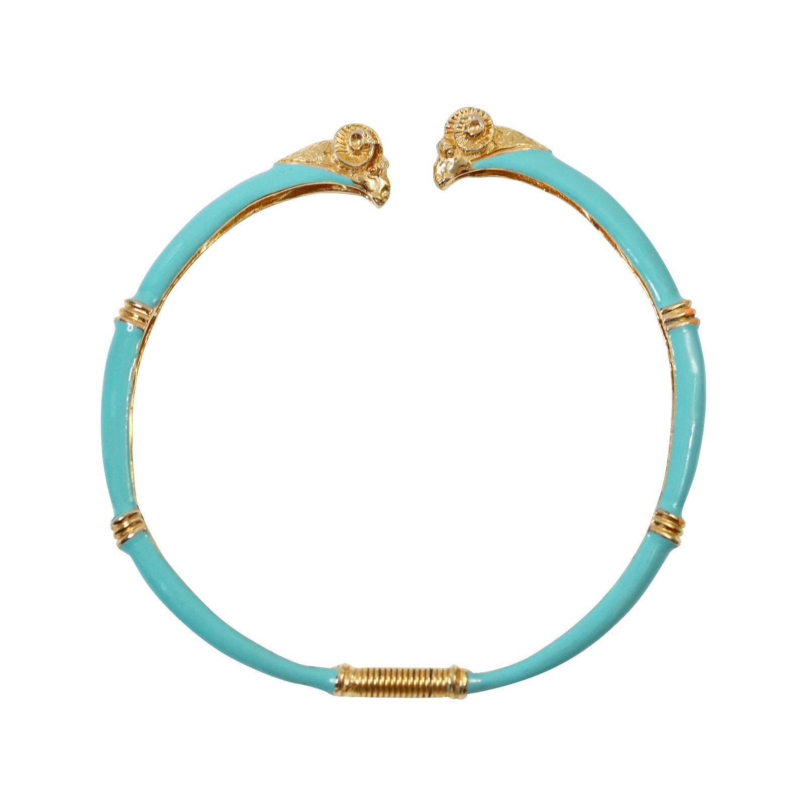 Vintage Donald Stannard Rams Head Choker in Türkis und Gold CIRCA 1980s. Klassische Widderkopf-Halskette in einer Farbe, die ich noch nie gesehen habe.  Dies ist ein klassischer Stil, den es schon seit Anbeginn der Zeit gibt.  Es gibt Beispiele im