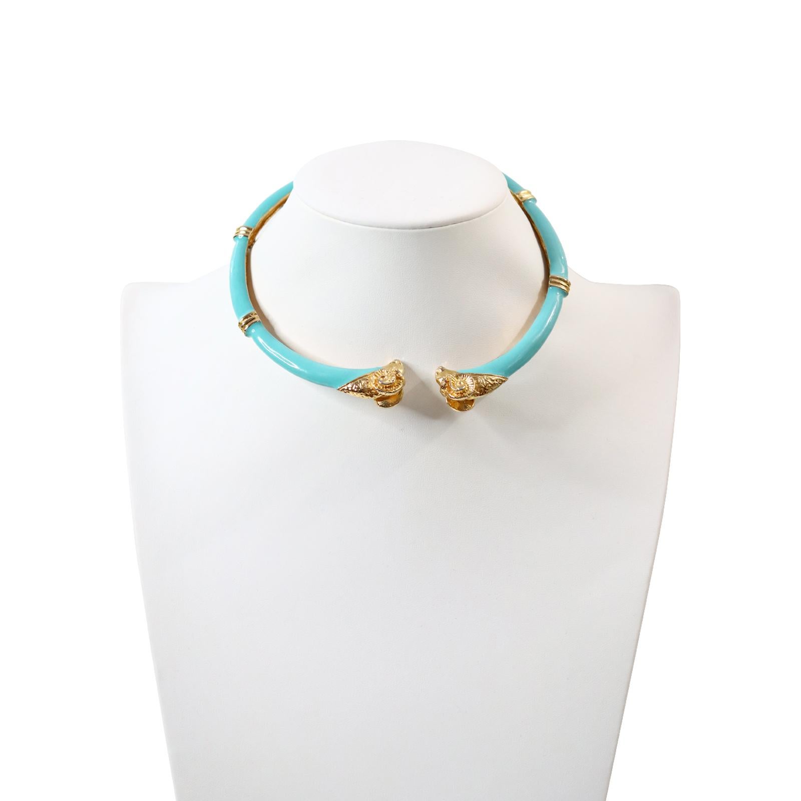 Women's or Men's Vintage Donald Stannard Rams Head Choker in Turquoise and Gold Circa 1980s