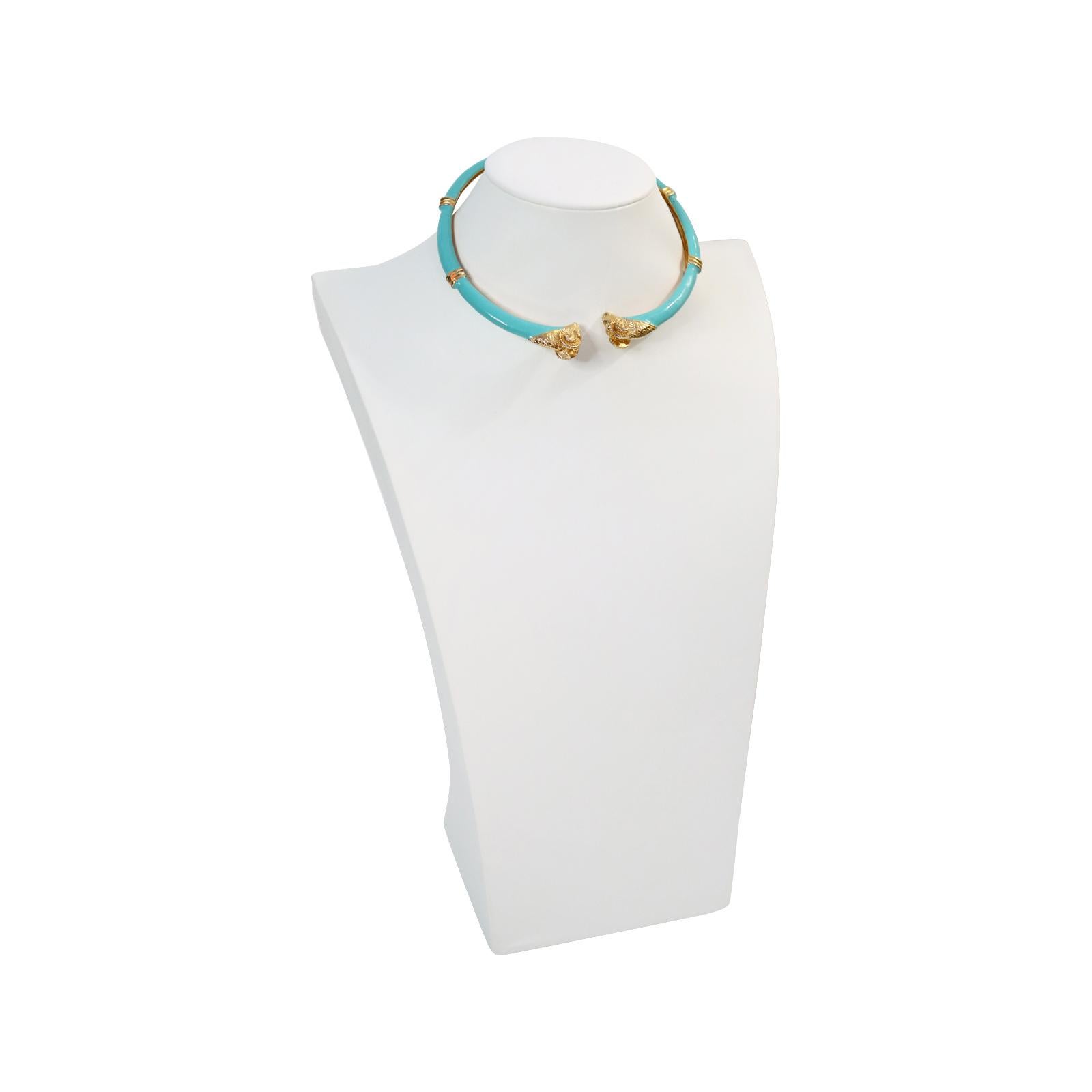 Vintage Donald Stannard Rams Head Choker in Turquoise and Gold Circa 1980s 2