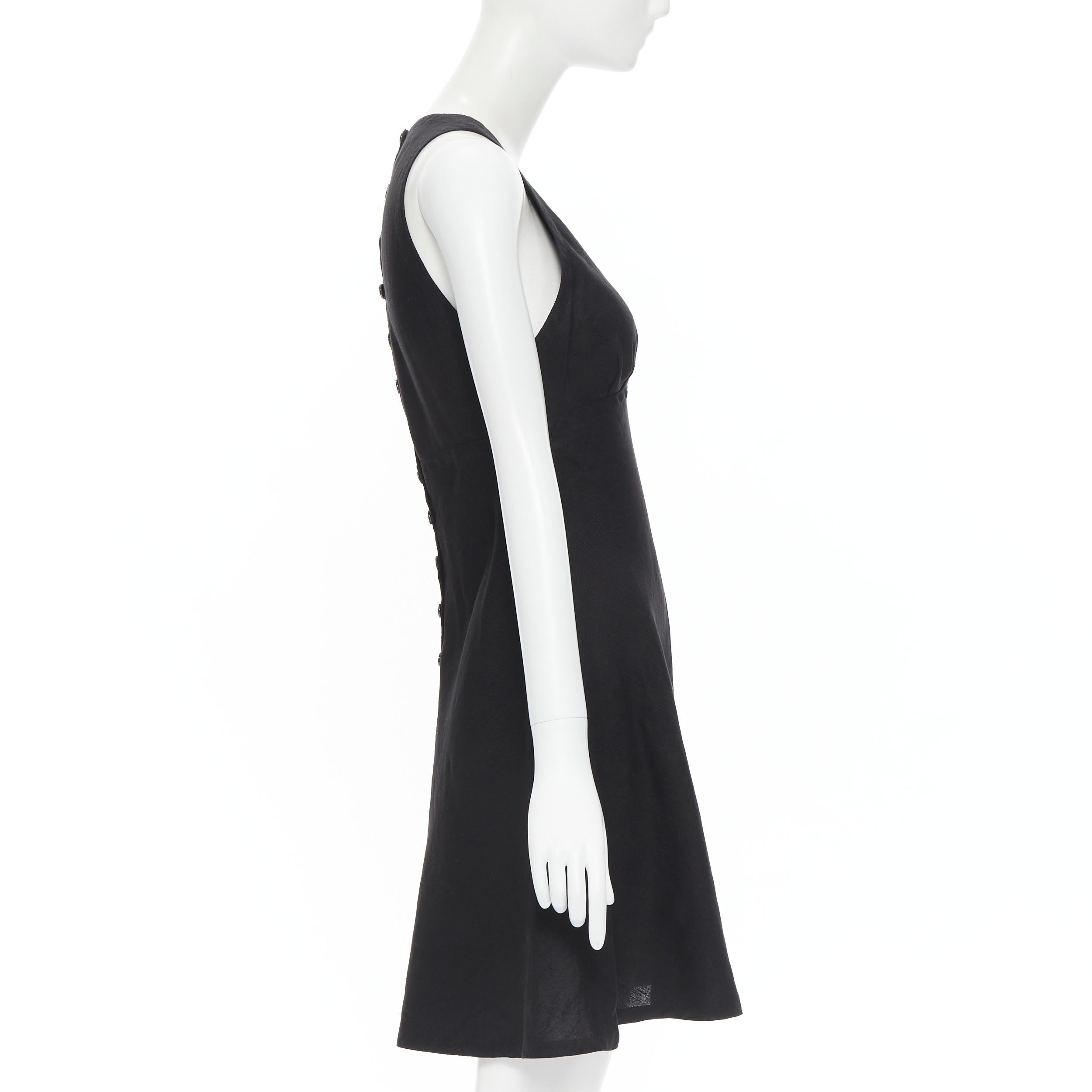 Black vintage DONNA KARAN 100% linen black plunge V-neck A-line skater dress US6 M