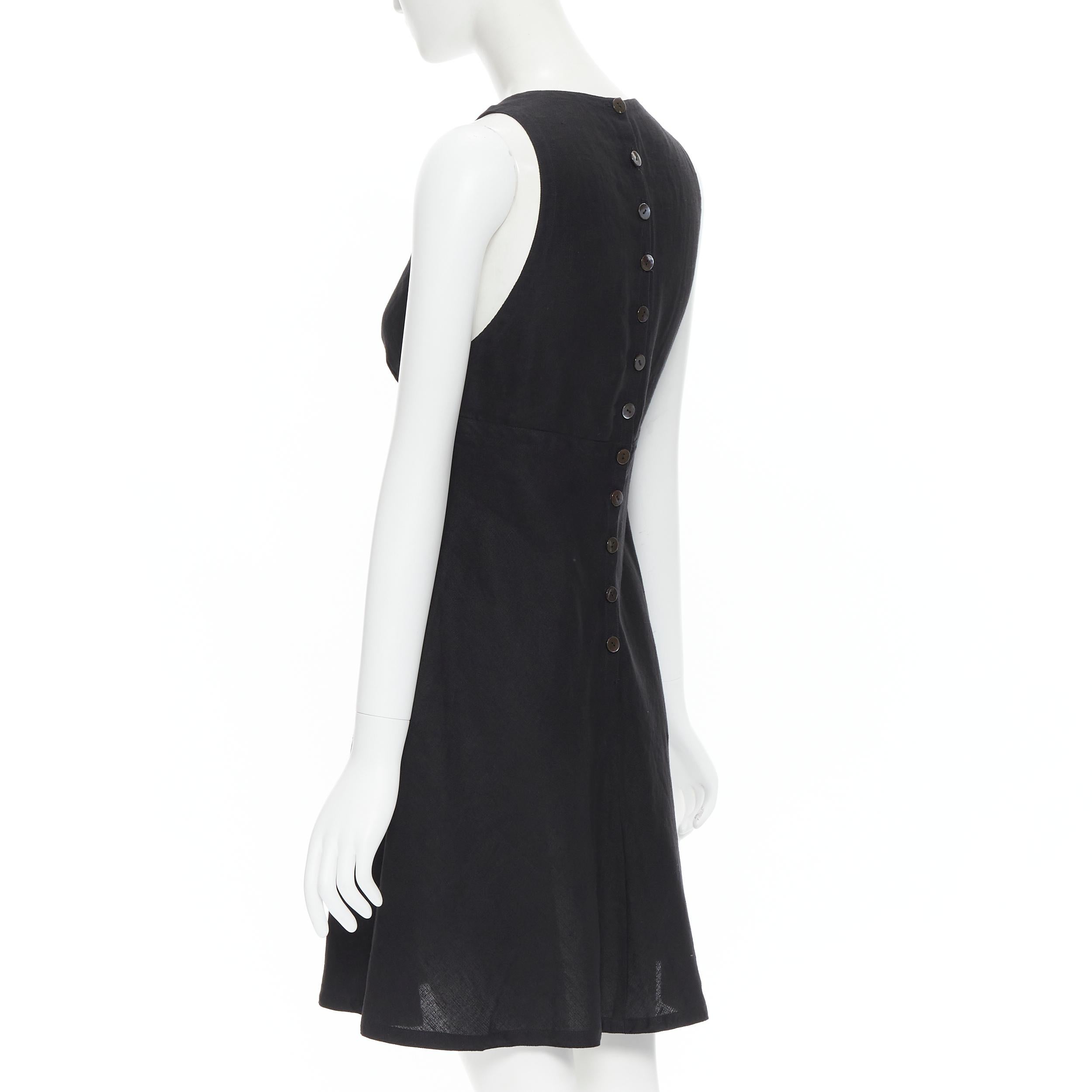 Women's vintage DONNA KARAN 100% linen black plunge V-neck A-line skater dress US6 M