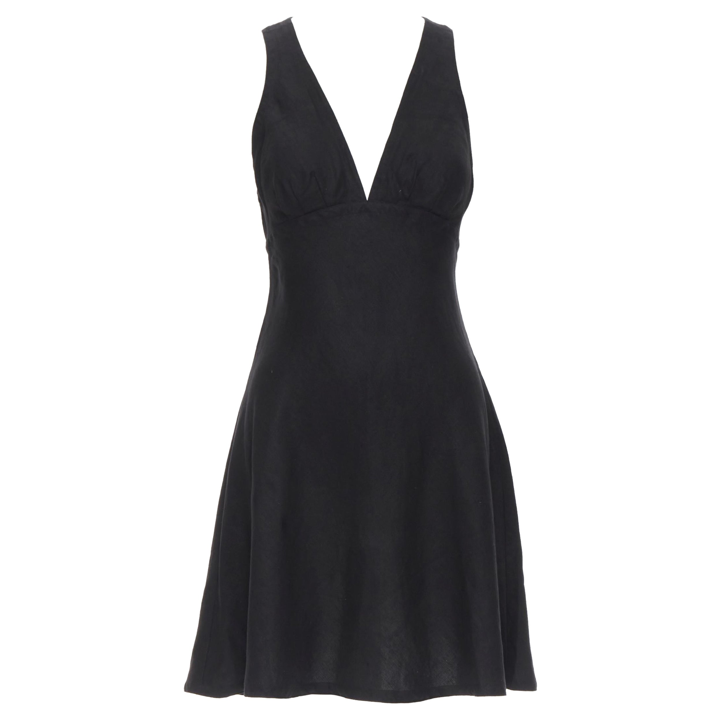 vintage DONNA KARAN 100% linen black plunge V-neck A-line skater dress US6 M