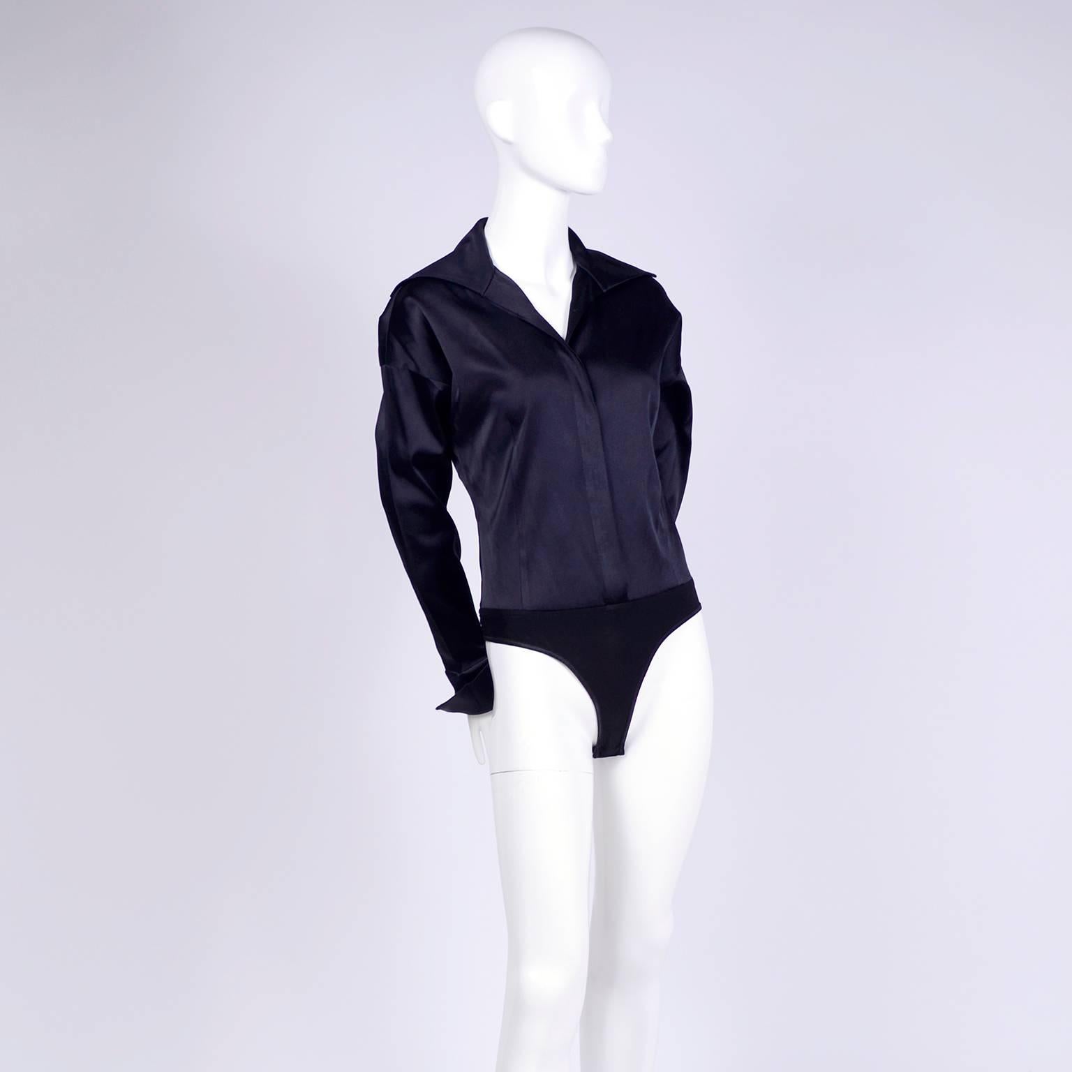 Donna Karan Vintage Bodysuit Blouse in Black Silk Blend Satin Top w French Cuffs For Sale 3