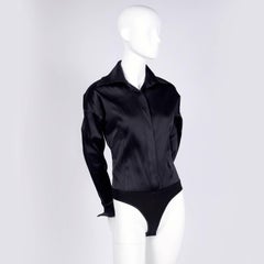 Donna Karan Vintage Bodysuit Blouse in Black Silk Blend Satin Top w French Cuffs