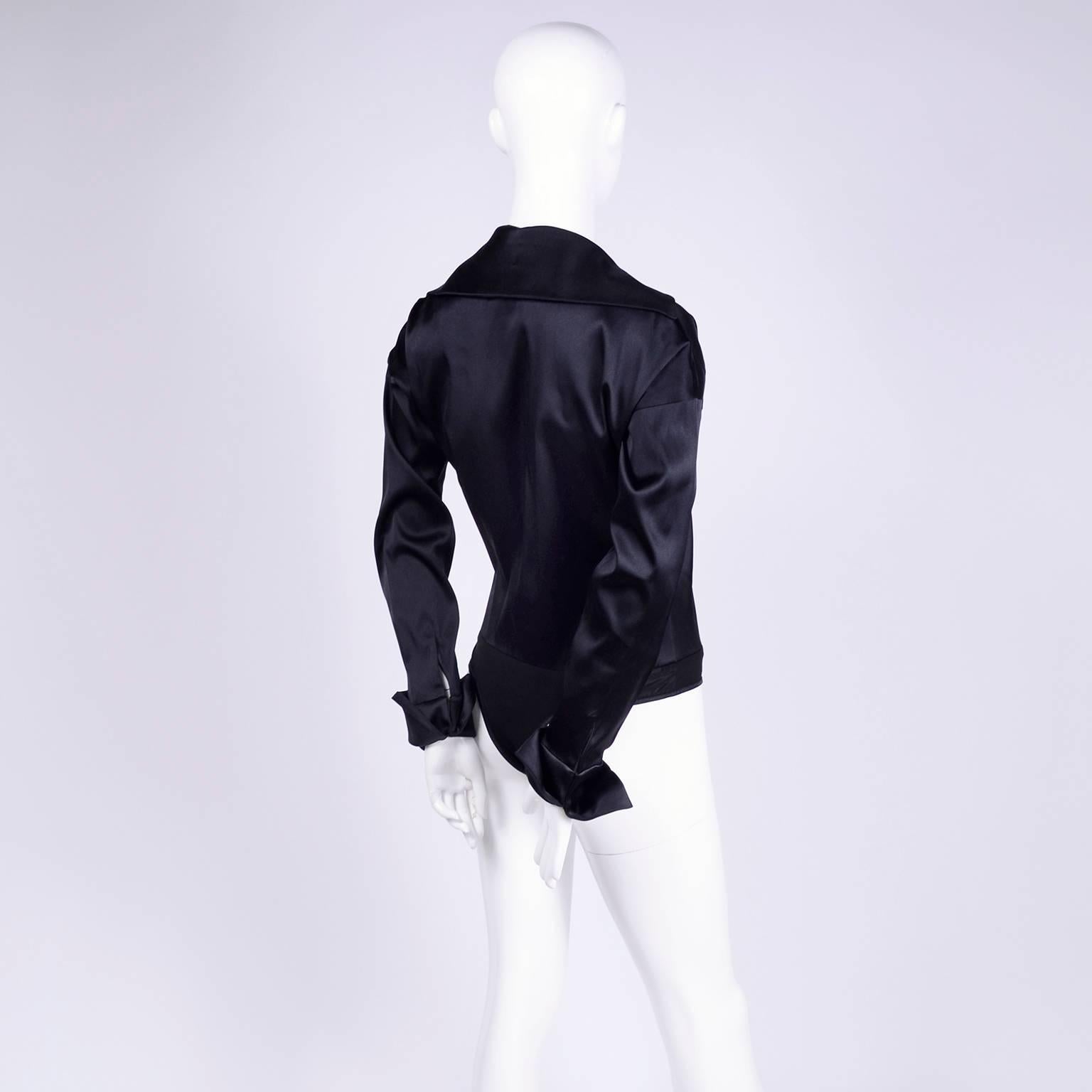 Women's Donna Karan Vintage Bodysuit Blouse in Black Silk Blend Satin Top w French Cuffs For Sale