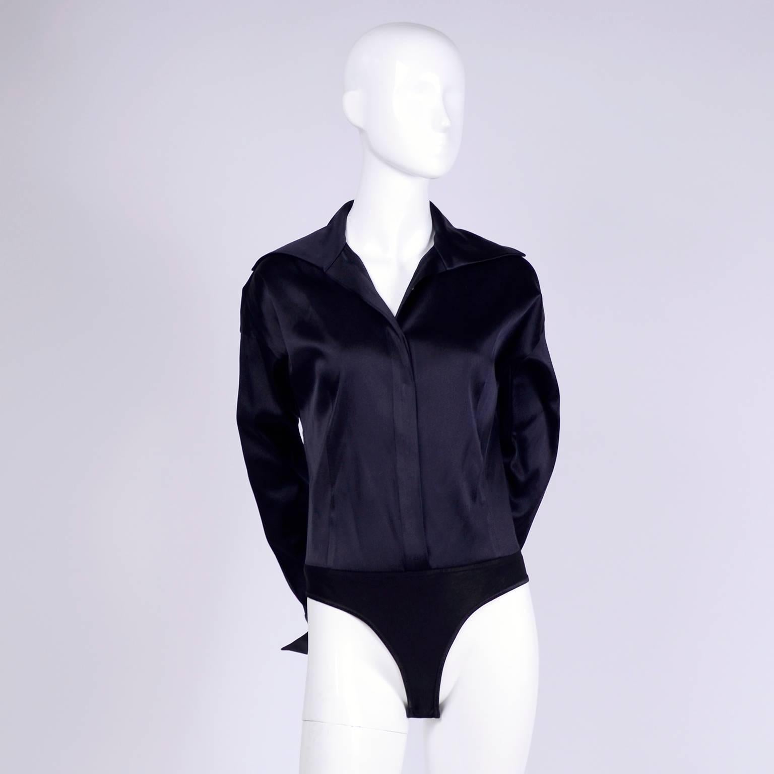 Donna Karan Vintage Bodysuit Blouse in Black Silk Blend Satin Top w French Cuffs For Sale 1