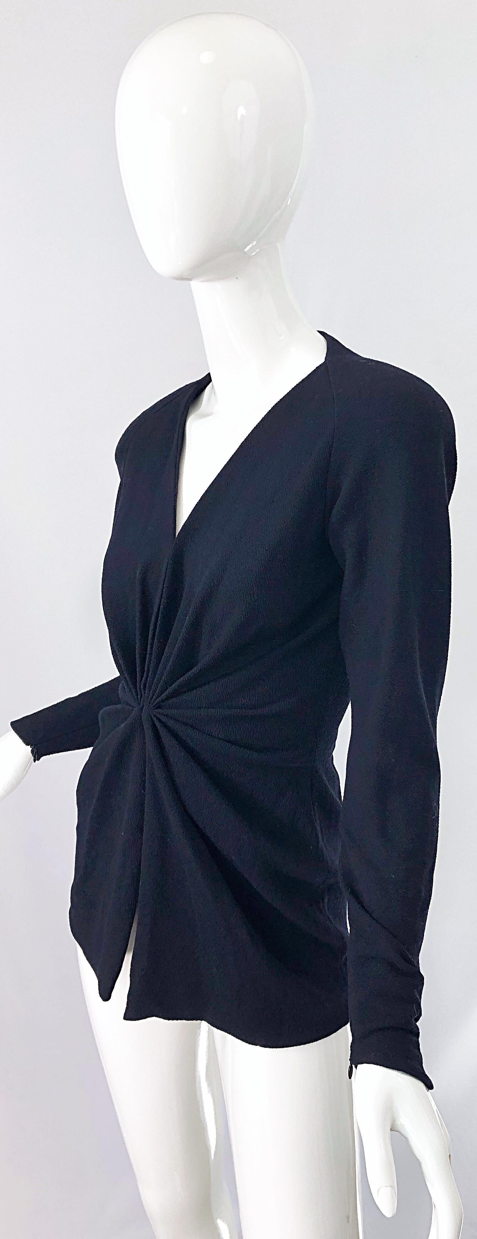 Vintage Donna Karan Collection 1990s Does 1940s Black Rayon Crepe 90s Blouse Top In Excellent Condition In San Diego, CA