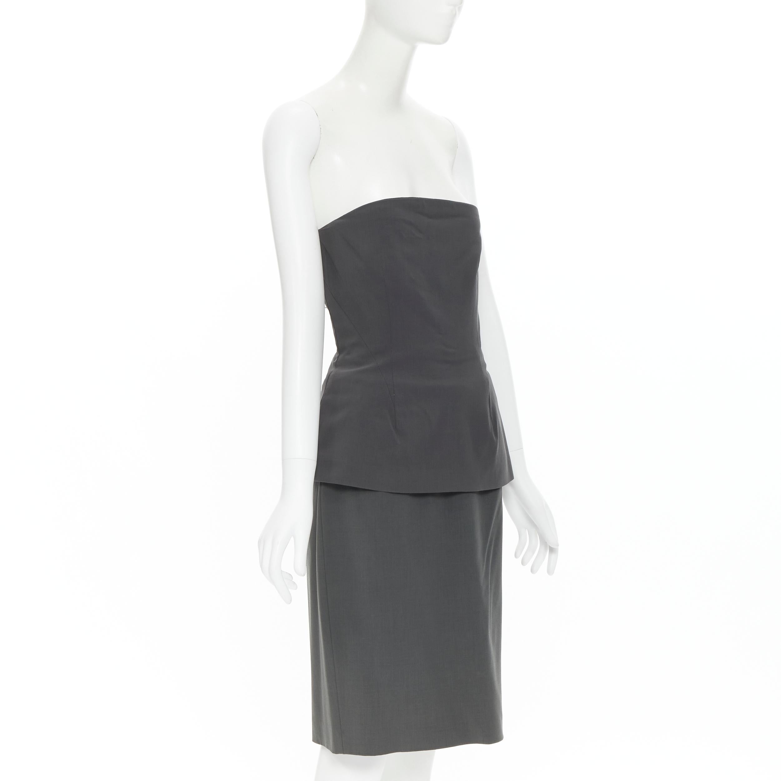 Black vintage DONNA KARAN grey crepe boned strapless bustier skirt set US6 M