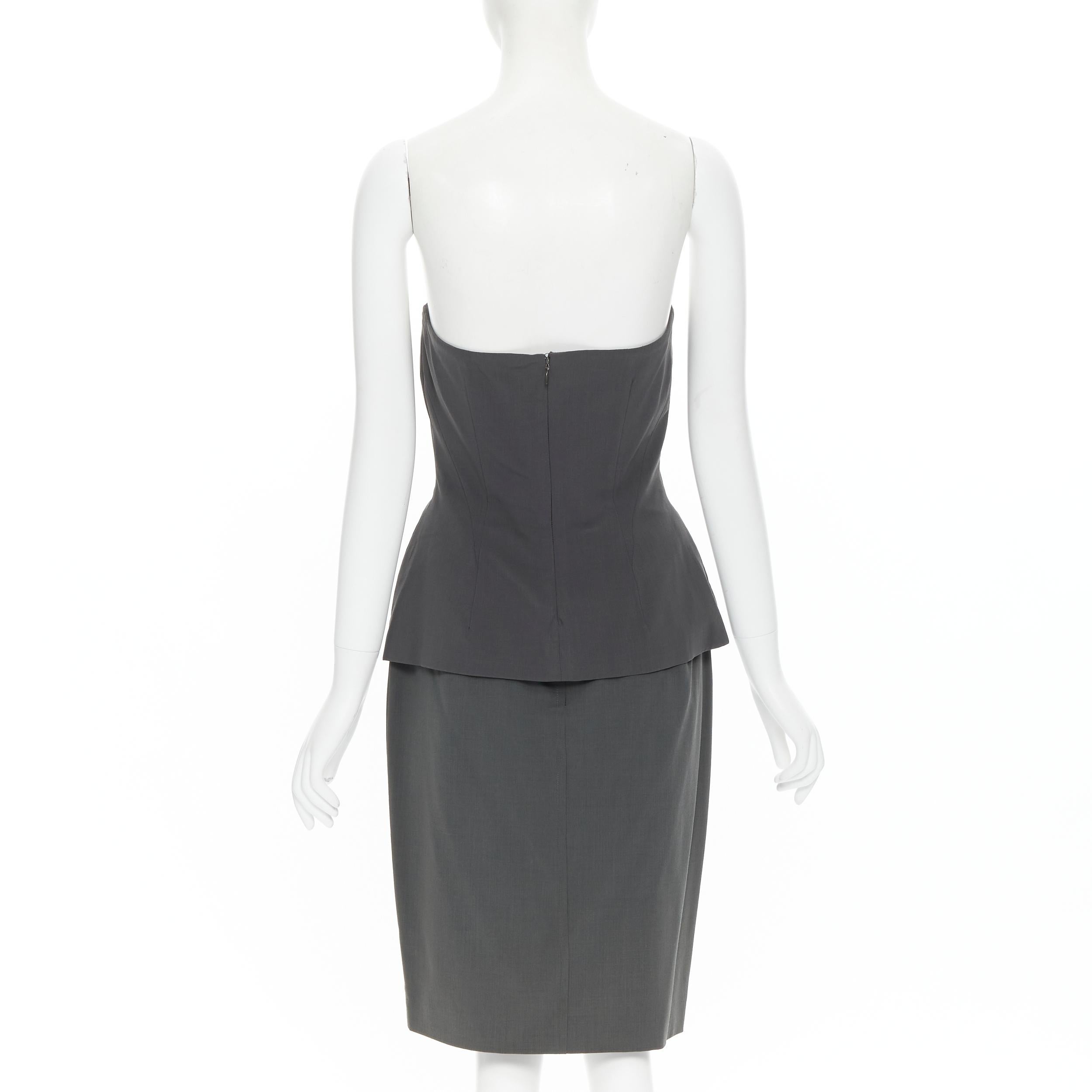 Women's vintage DONNA KARAN grey crepe boned strapless bustier skirt set US6 M