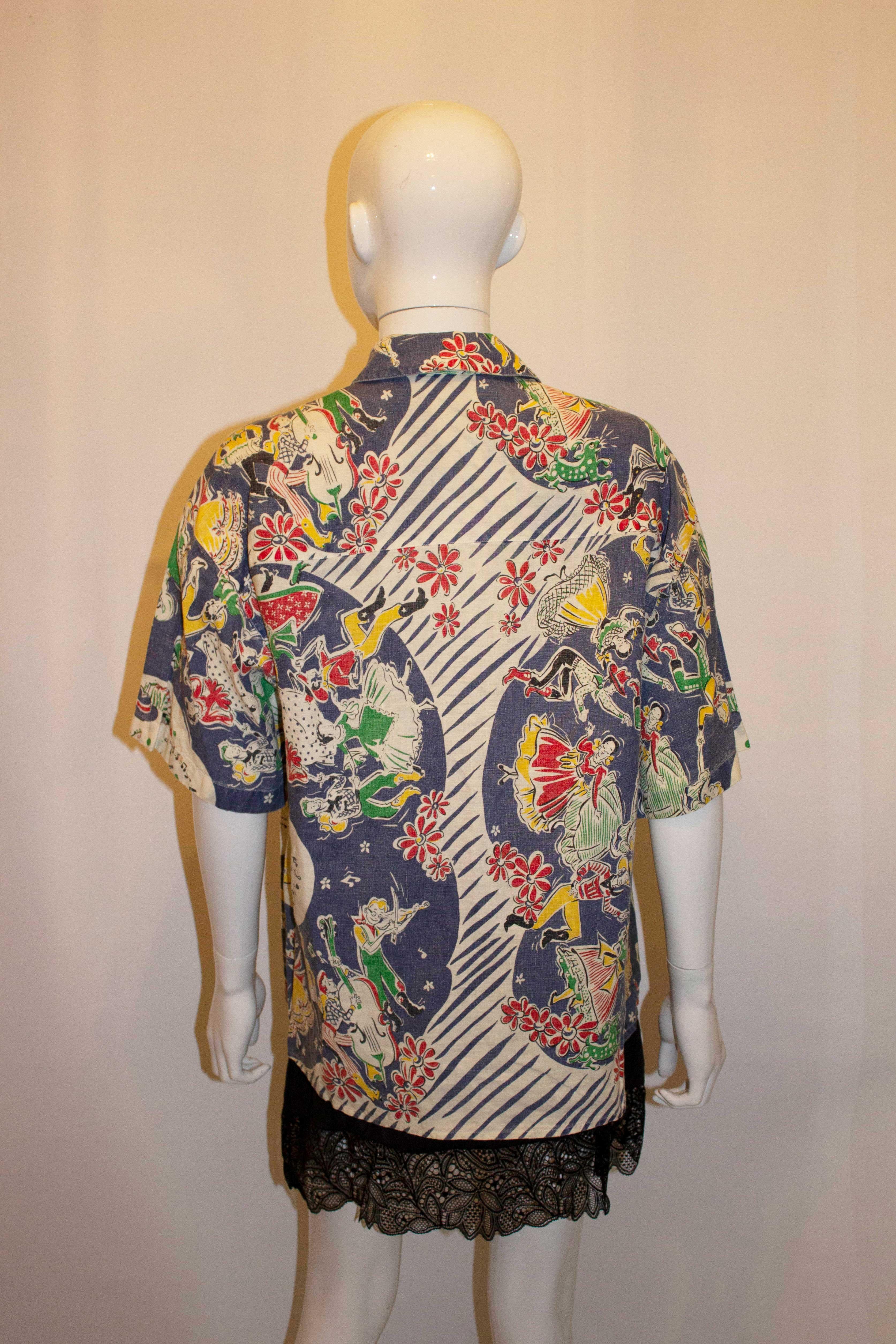 Gray Vintage Donna Karan New York Printed Linen Shirt For Sale