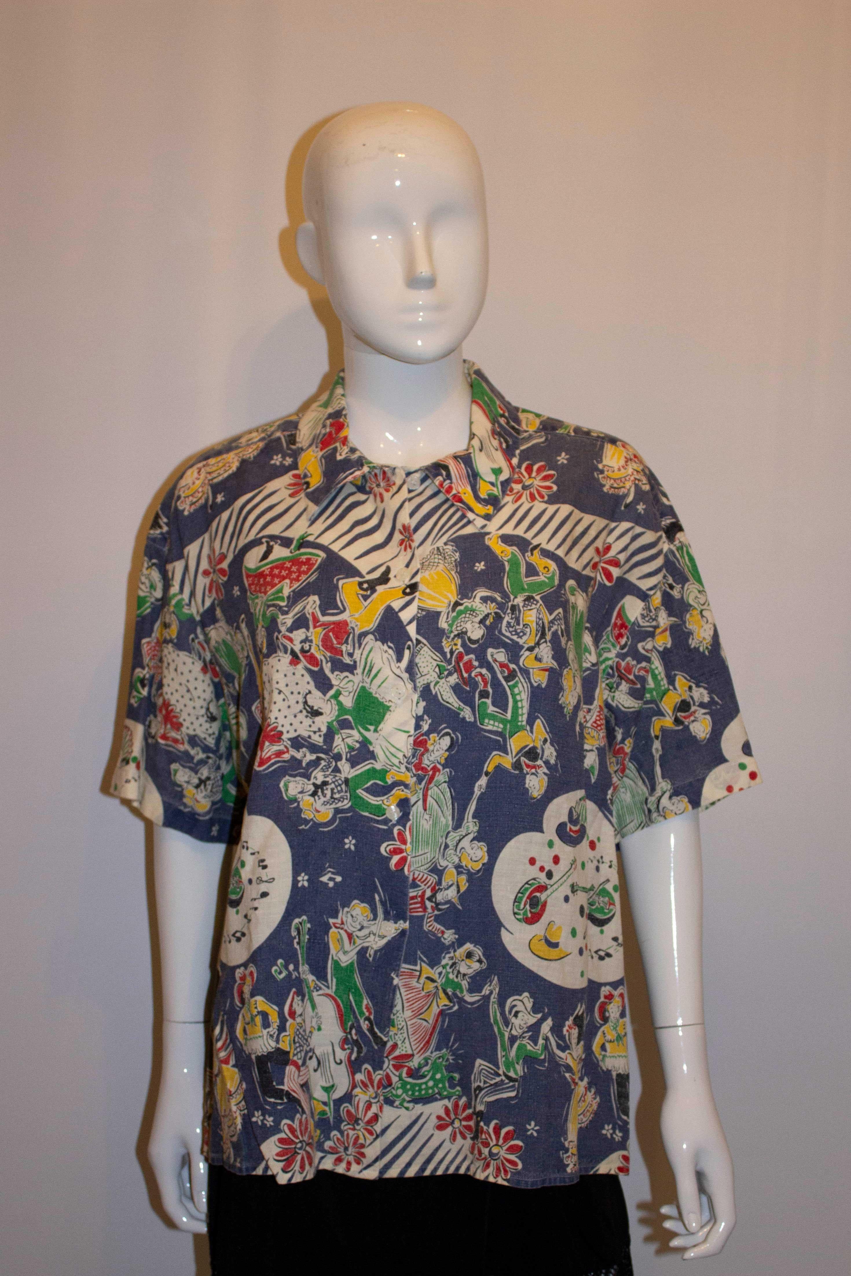 Vintage Donna Karan New York Printed Linen Shirt In Good Condition For Sale In London, GB