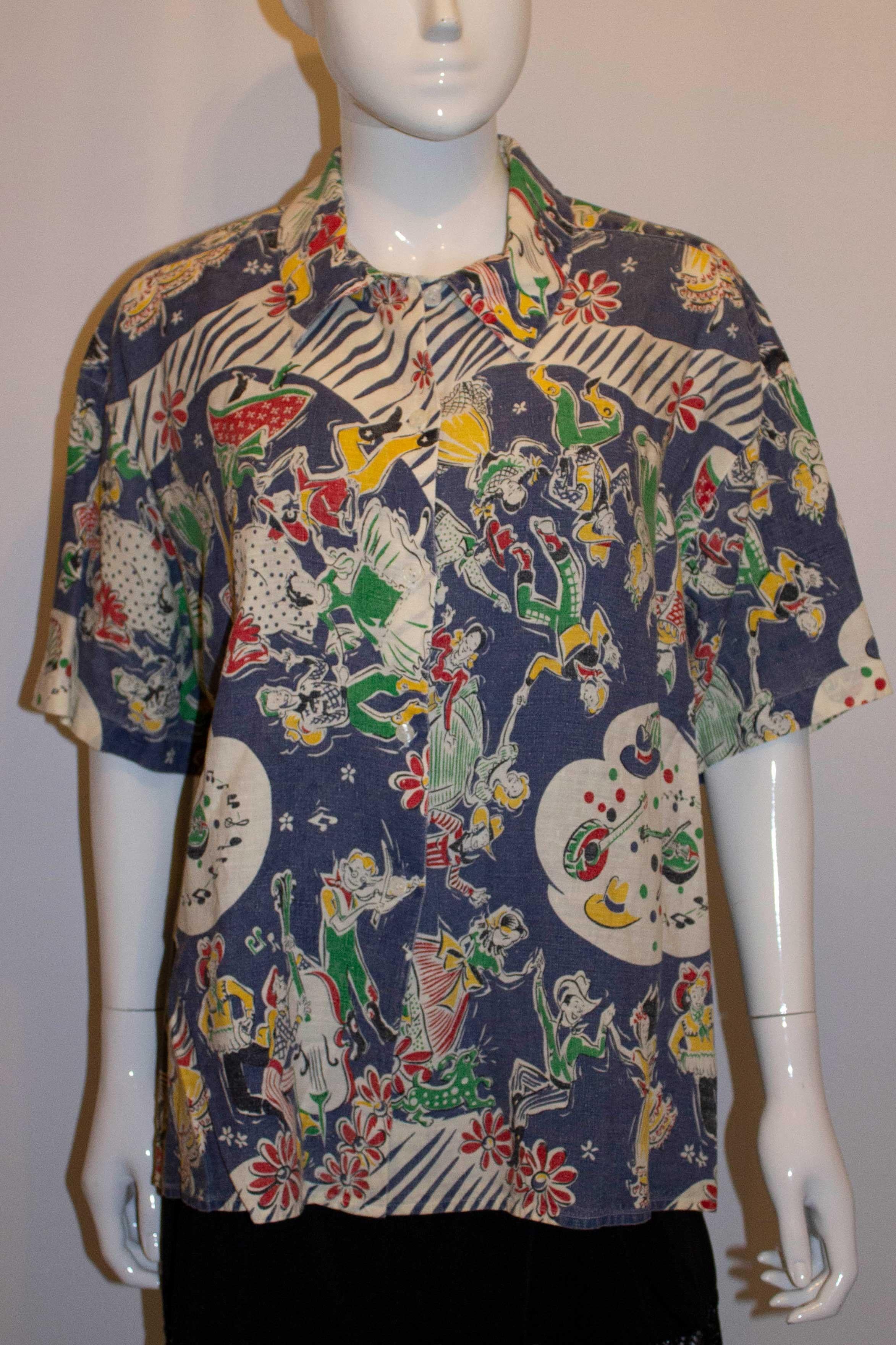 Women's Vintage Donna Karan New York Printed Linen Shirt For Sale