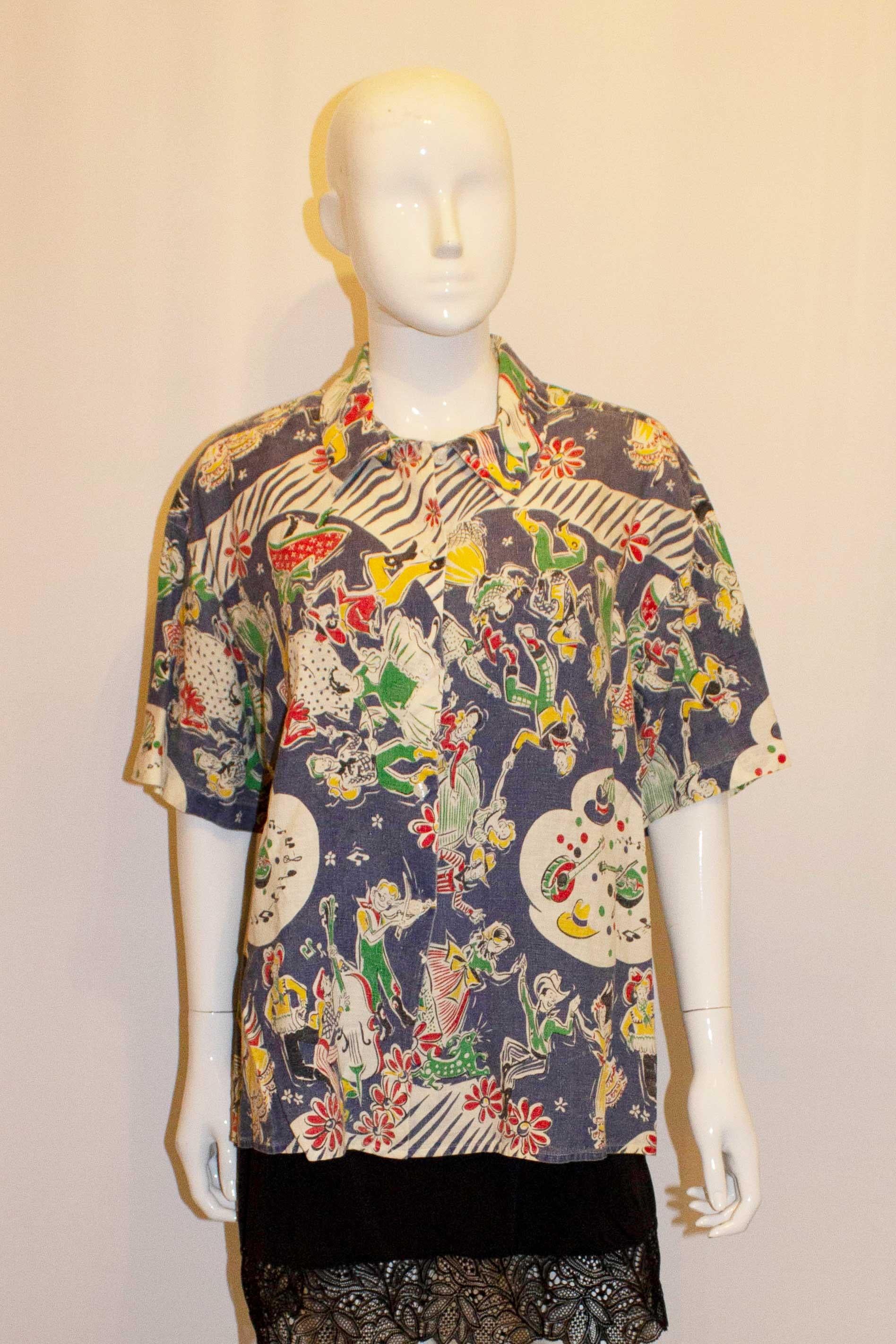 Vintage Donna Karan New York Printed Linen Shirt For Sale 1