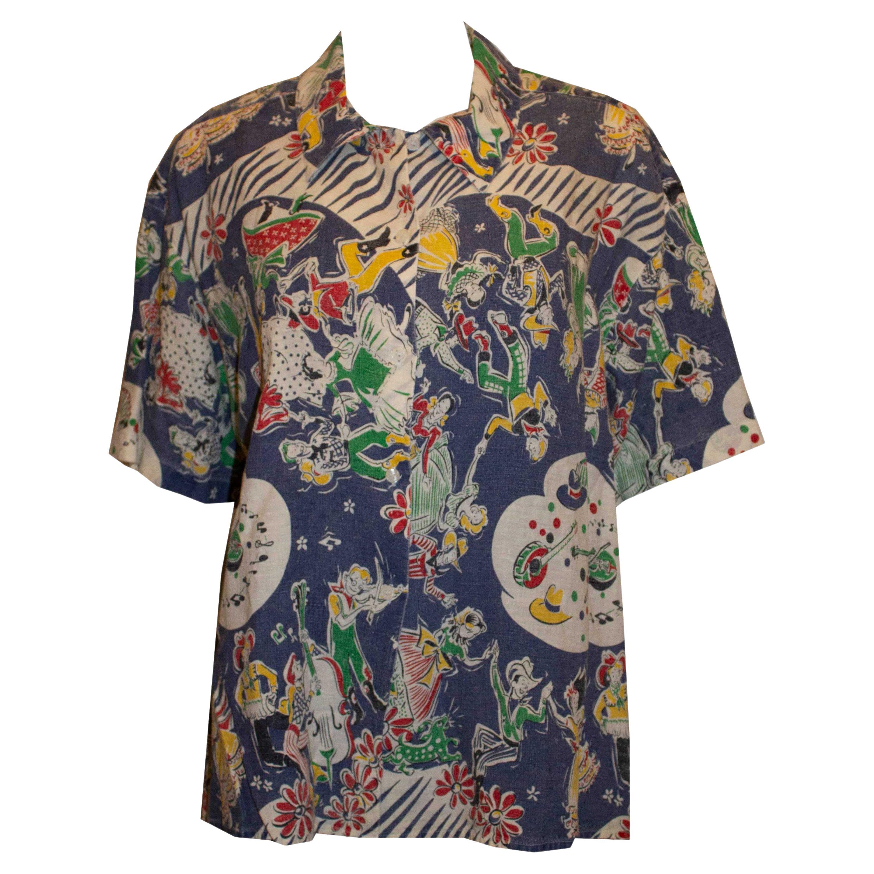 Vintage Donna Karan New York Printed Linen Shirt For Sale