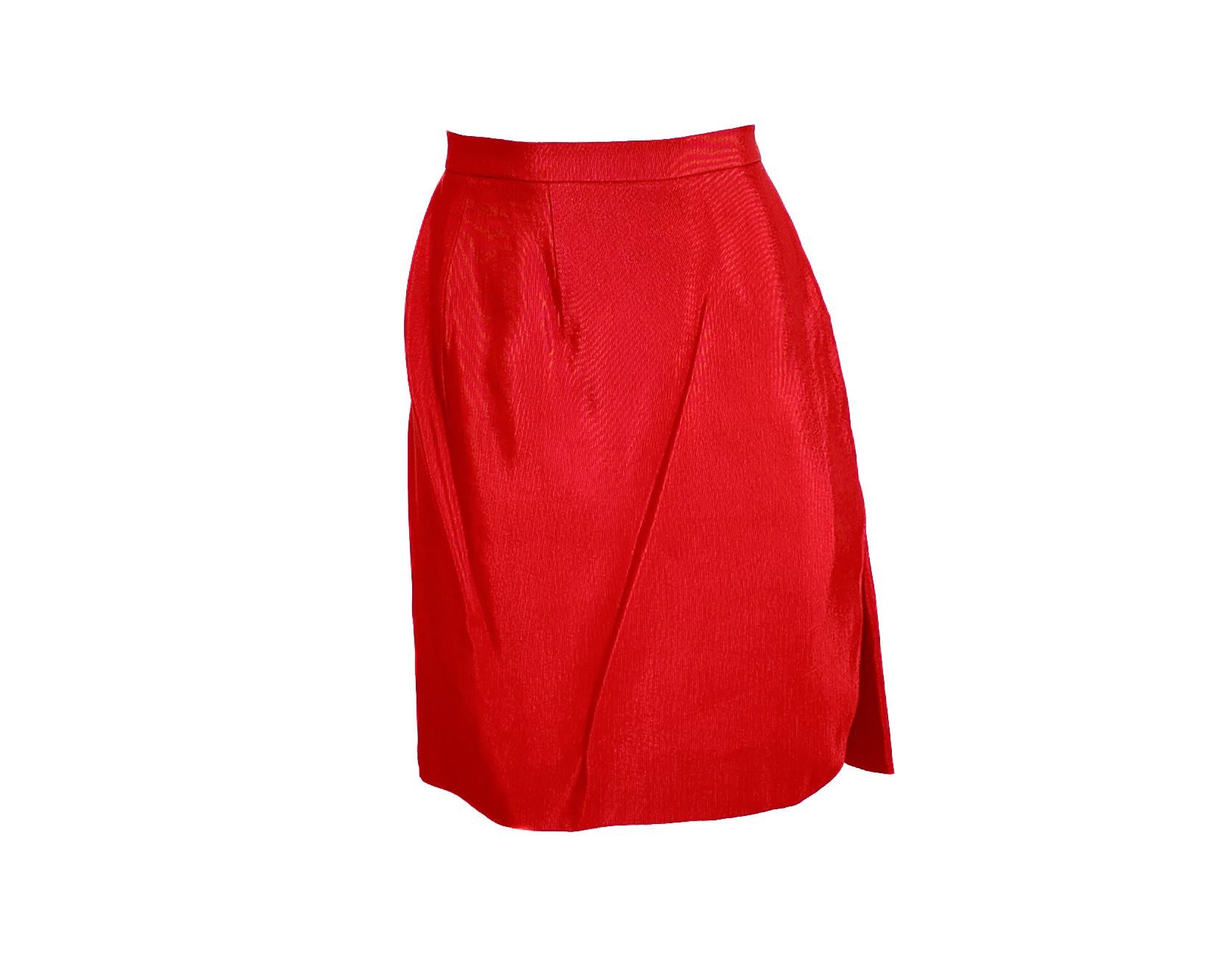 Vintage Donna Karan Red Sheen Skirt Suit In Excellent Condition For Sale In Los Angeles, CA