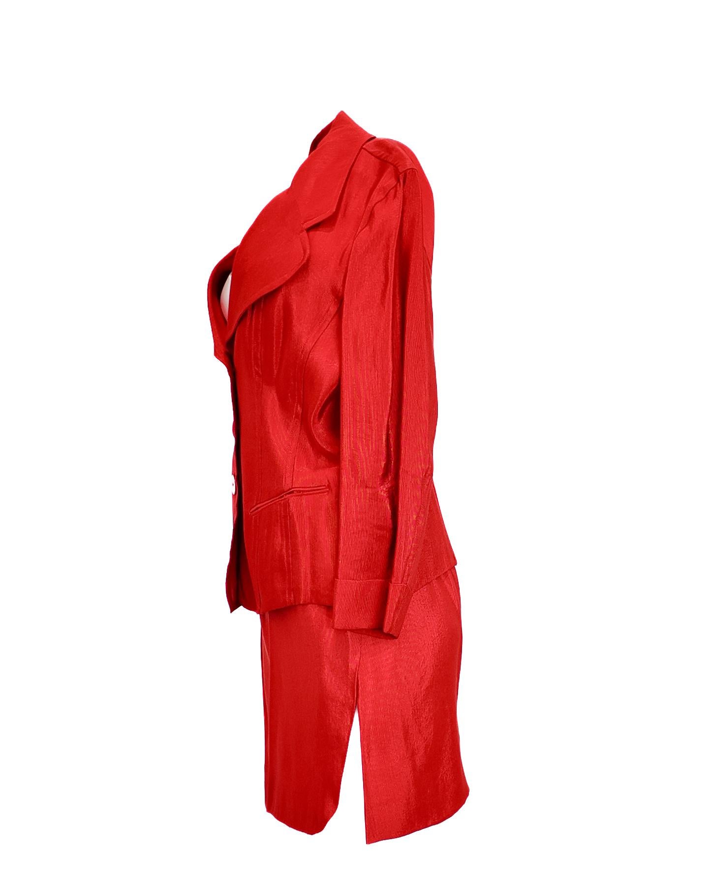 Vintage Donna Karan Red Sheen Skirt Suit For Sale 1