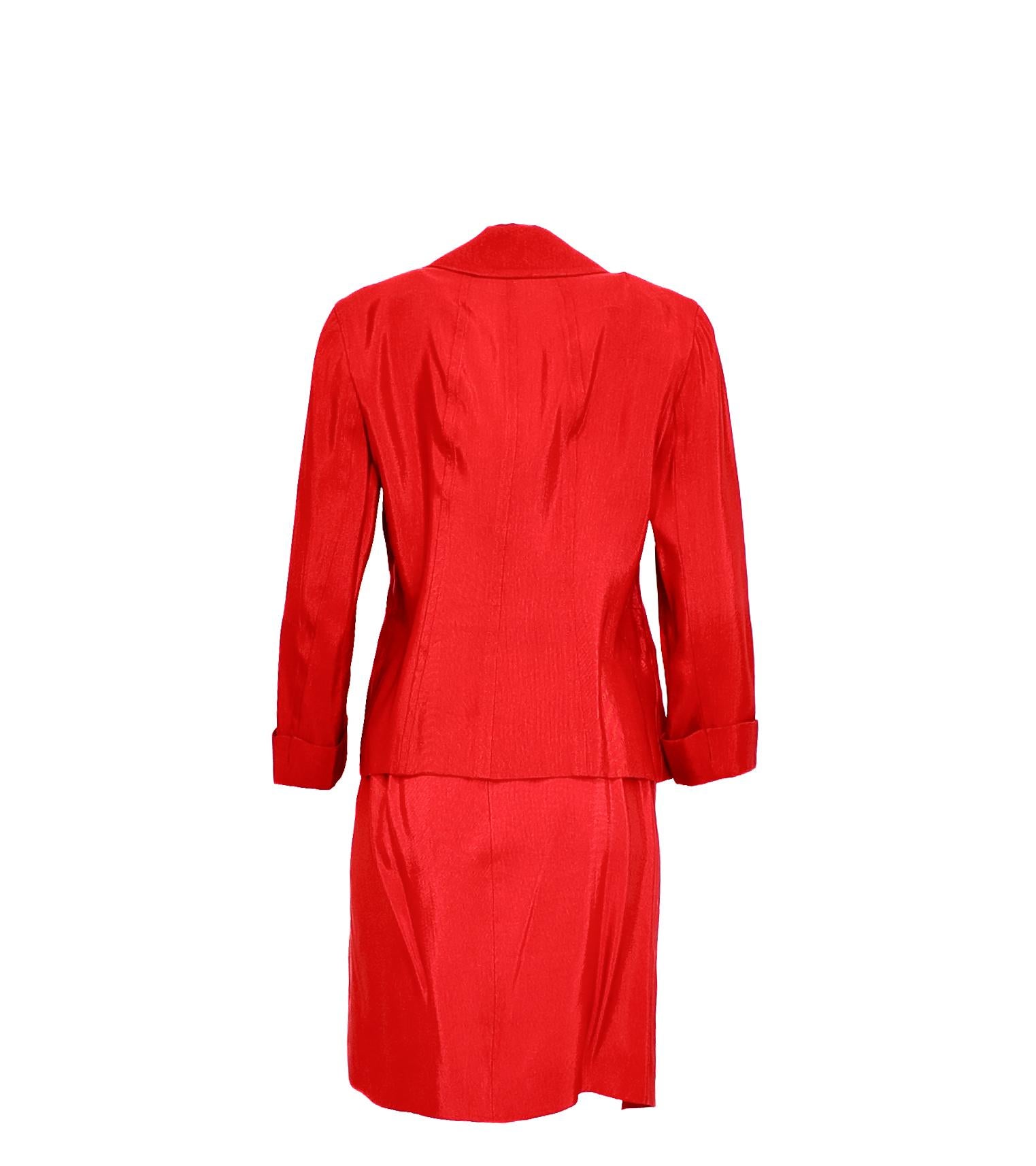 Vintage Donna Karan Red Sheen Skirt Suit For Sale 2