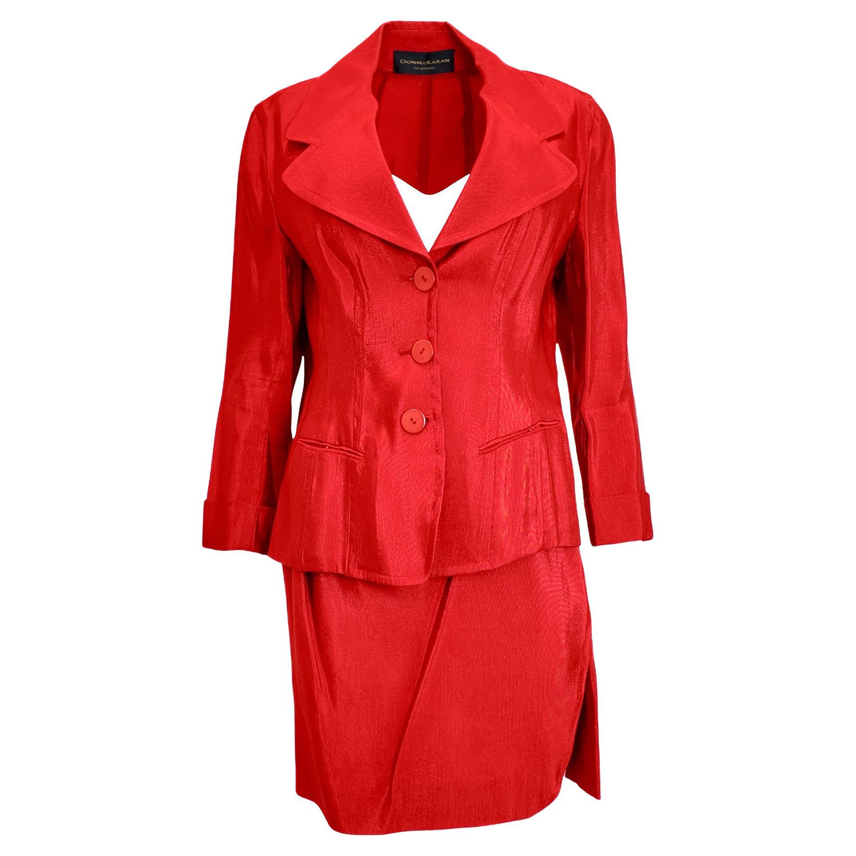 Vintage Donna Karan Red Sheen Skirt Suit For Sale