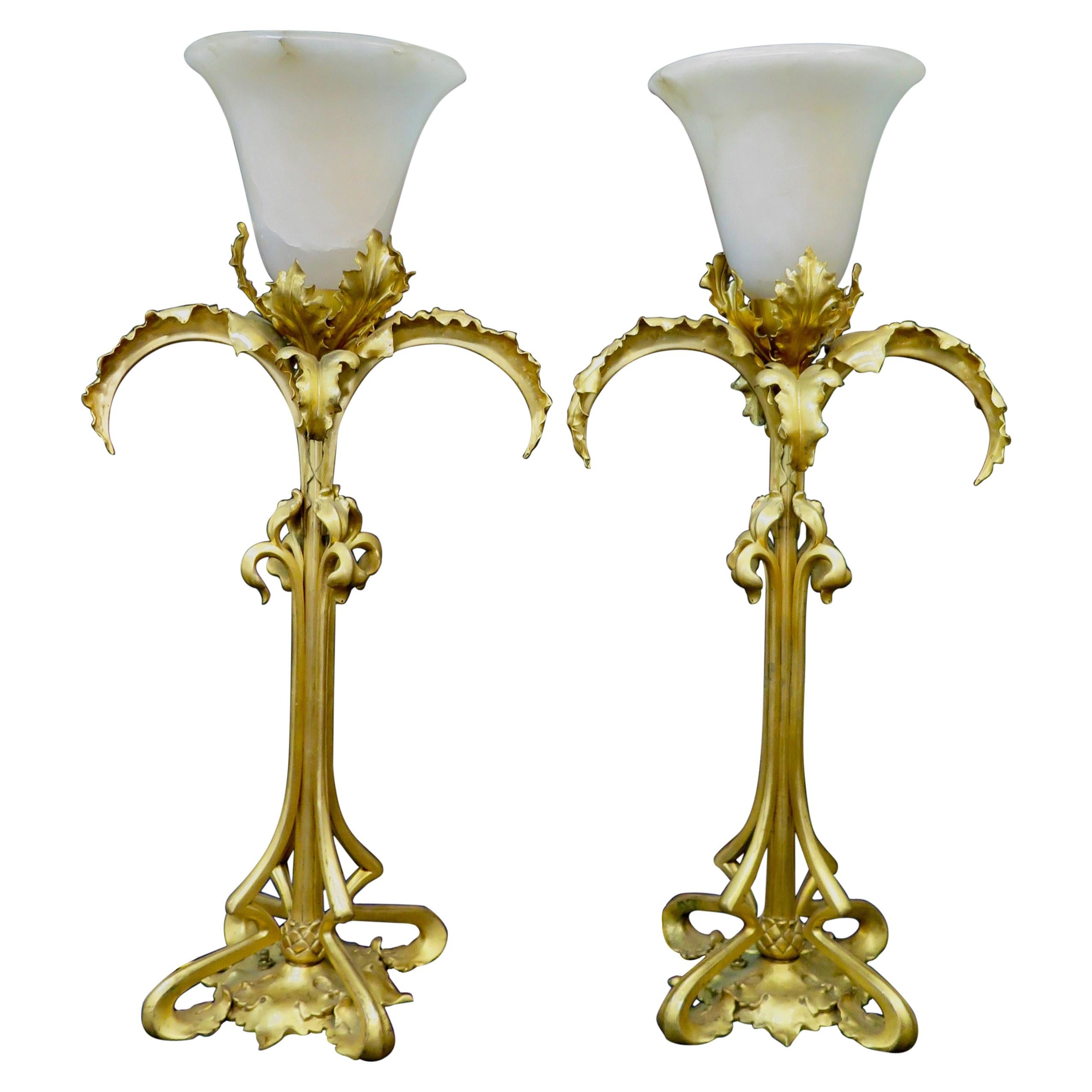 Vintage Doré Bronze and Alabaster Art Nouveau Period Lamps Pair For Sale