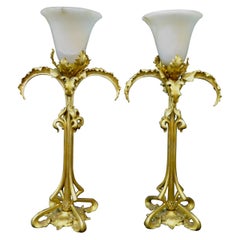 Antique Doré Bronze and Alabaster Art Nouveau Period Lamps Pair