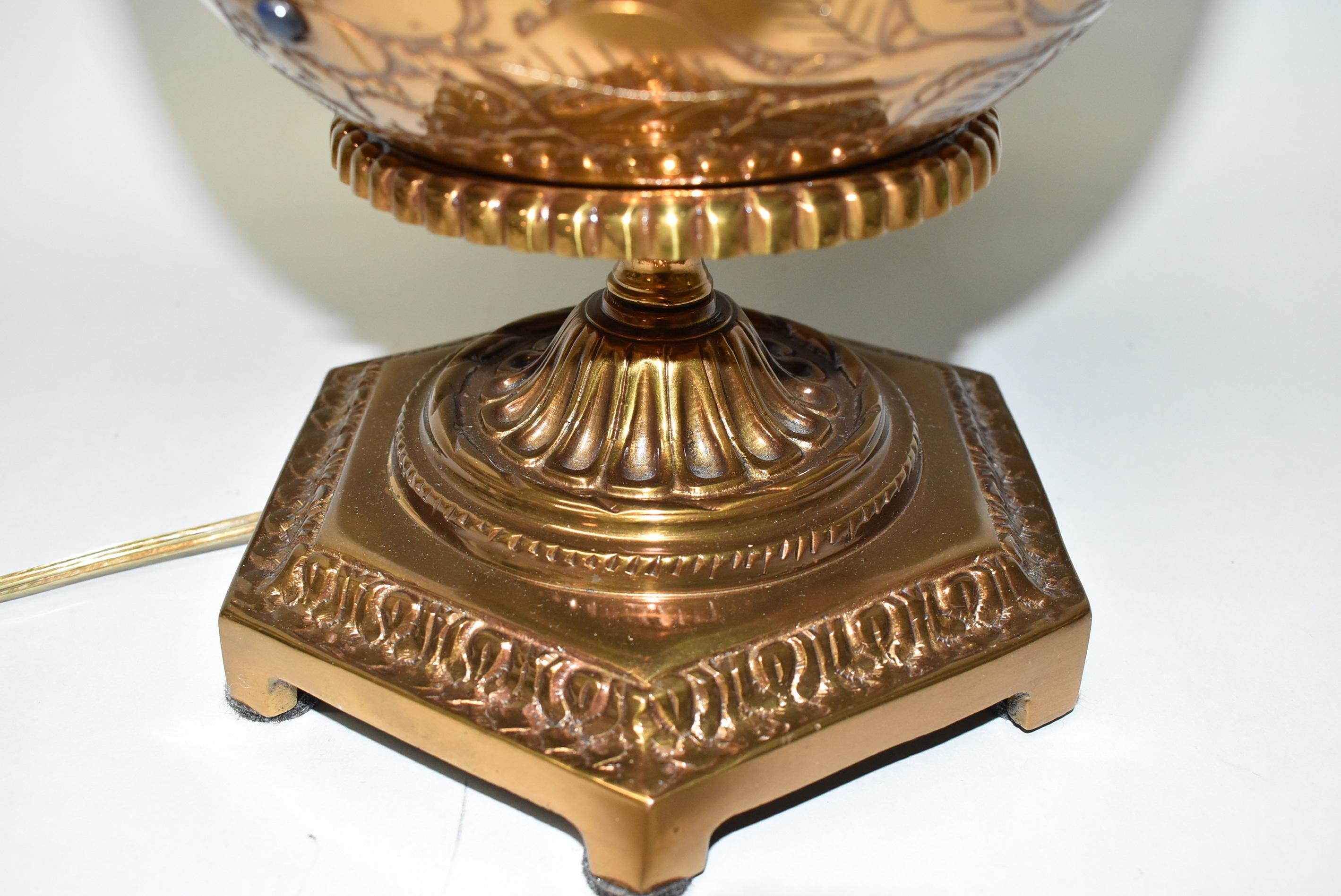 Modern Vintage Dore Bronze Urn Lamp Bird Designs Lapis Set Stones Marbro Lamp Company For Sale