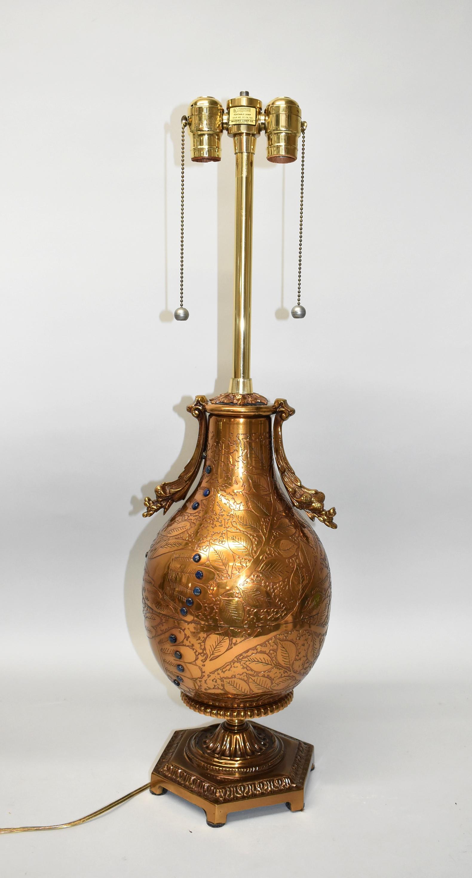 Vintage Dore Bronze Urn Lamp Bird Designs Lapis Set Stones Marbro Lamp Company For Sale 3