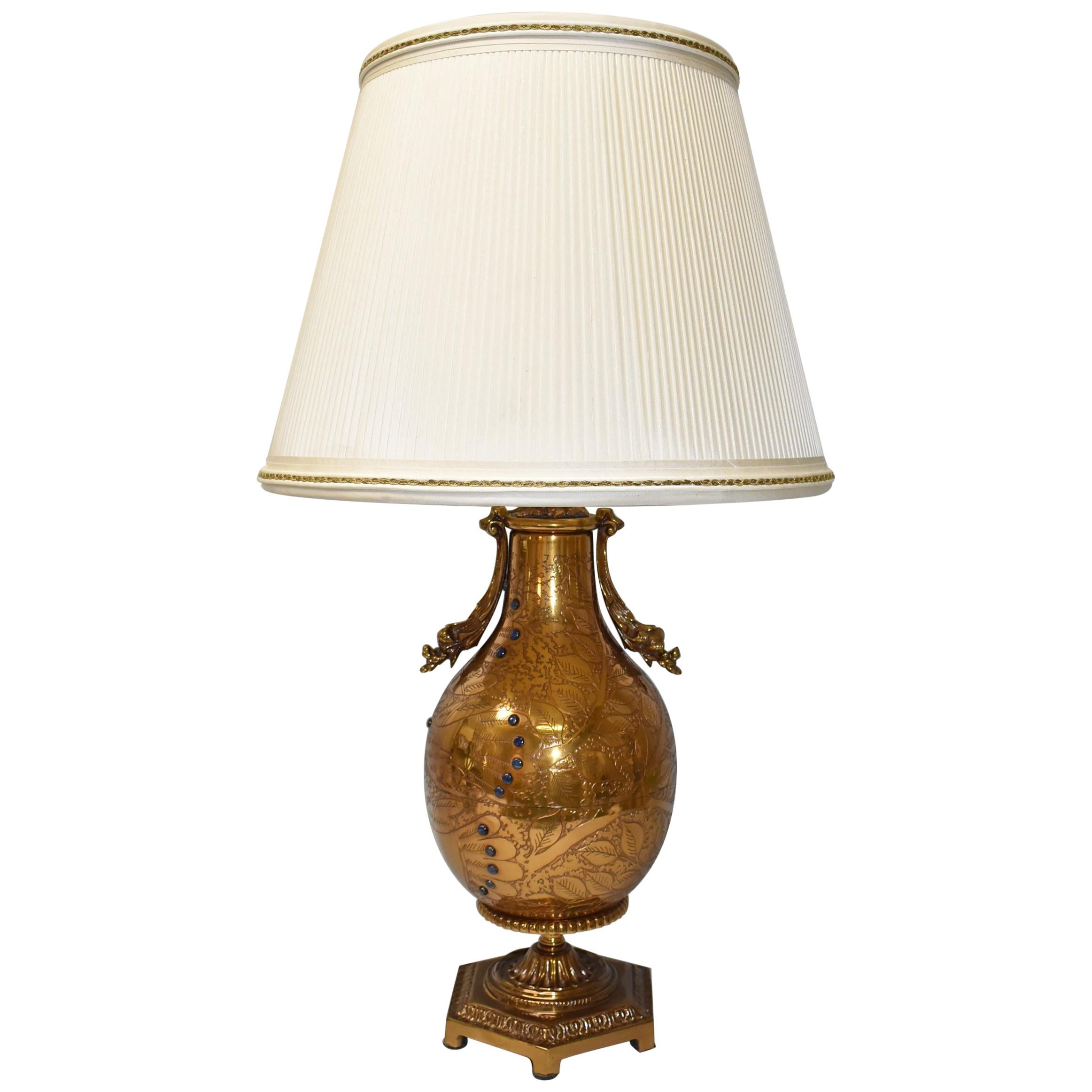 Vintage Dore Bronze Urn Lamp Bird Designs Lapis Set Stones Marbro Lamp Company For Sale